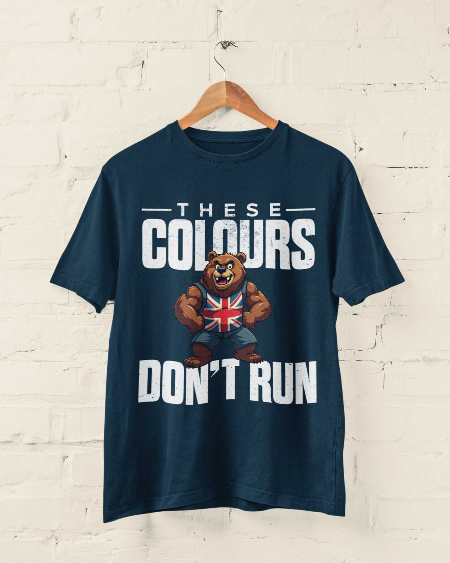 Union Jack Bear T-Shirt with "These Colours Don’t Run" slogan on navy background.