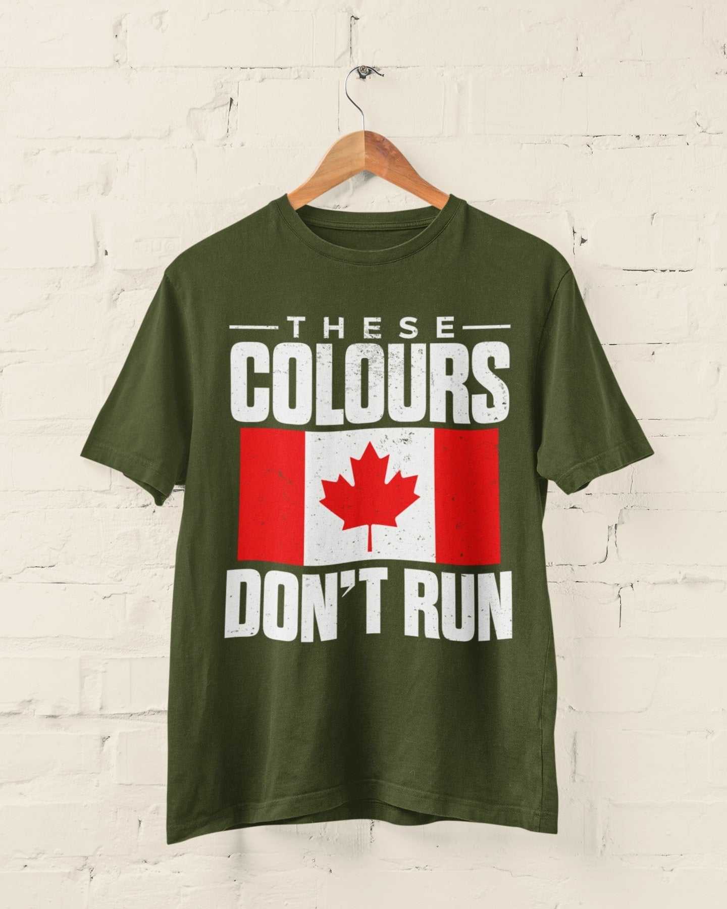 Patriotic Canadian flag t-shirt with "These Colours Don’t Run" slogan in vintage style.