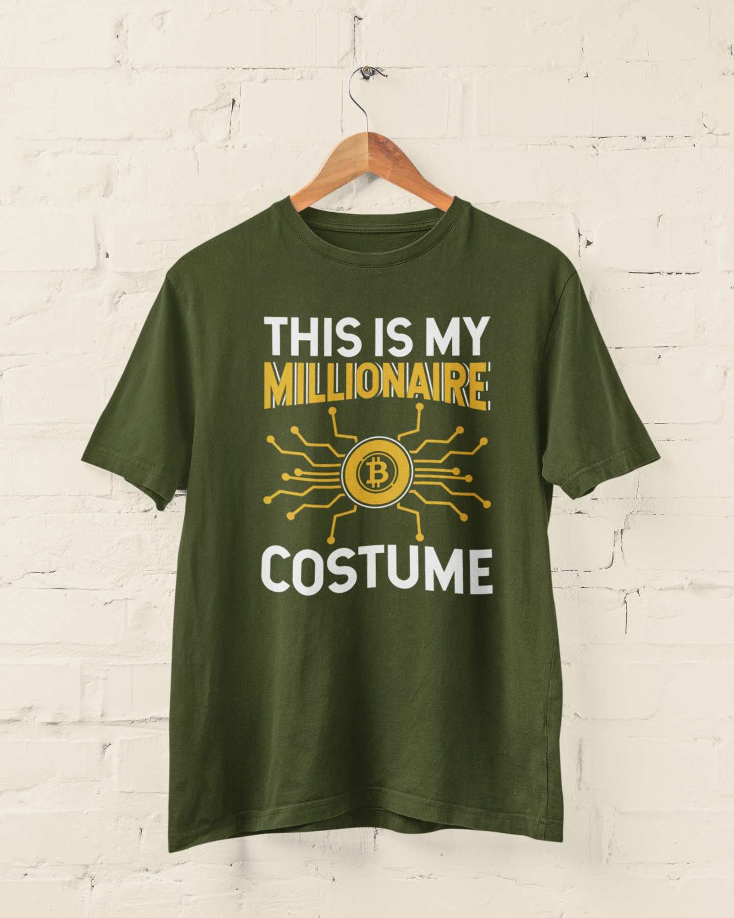 Bitcoin Millionaire Costume T-Shirt with crypto wealth statement print hanging on hanger.