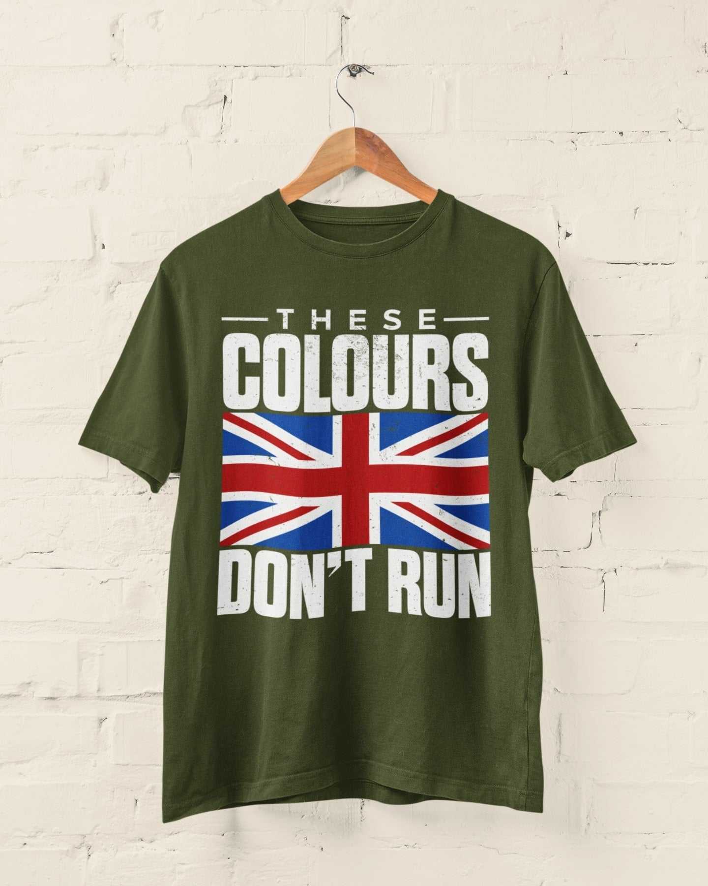 Distressed Union Jack t-shirt with "These Colours Don’t Run" slogan, patriotic UK design.