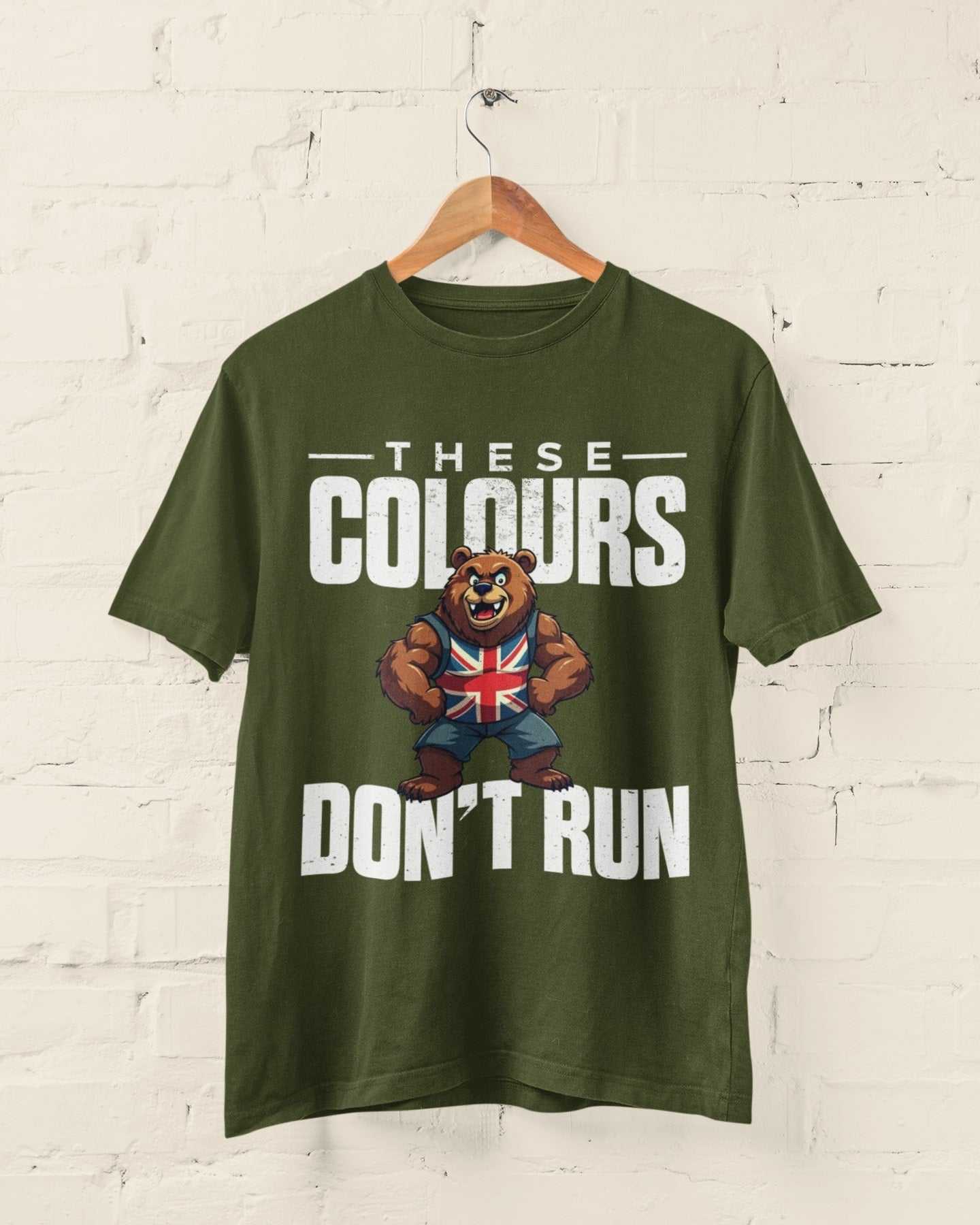 Union Jack bear t-shirt with "These Colours Don’t Run" slogan, patriotic UK graphic design.