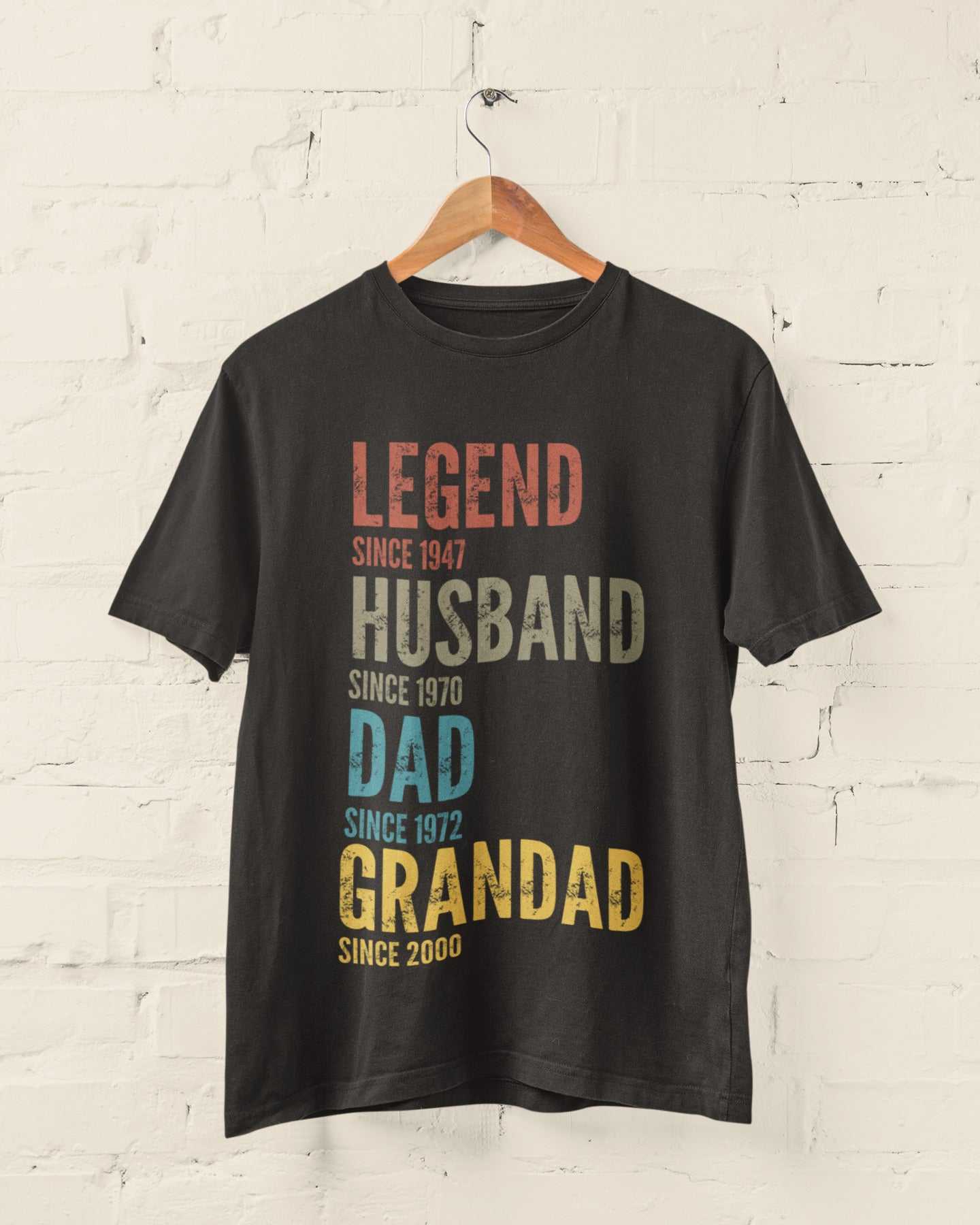 Personalised Grandad, Dad, Husband, Legend T-Shirt with customisable text for family milestones, black color.