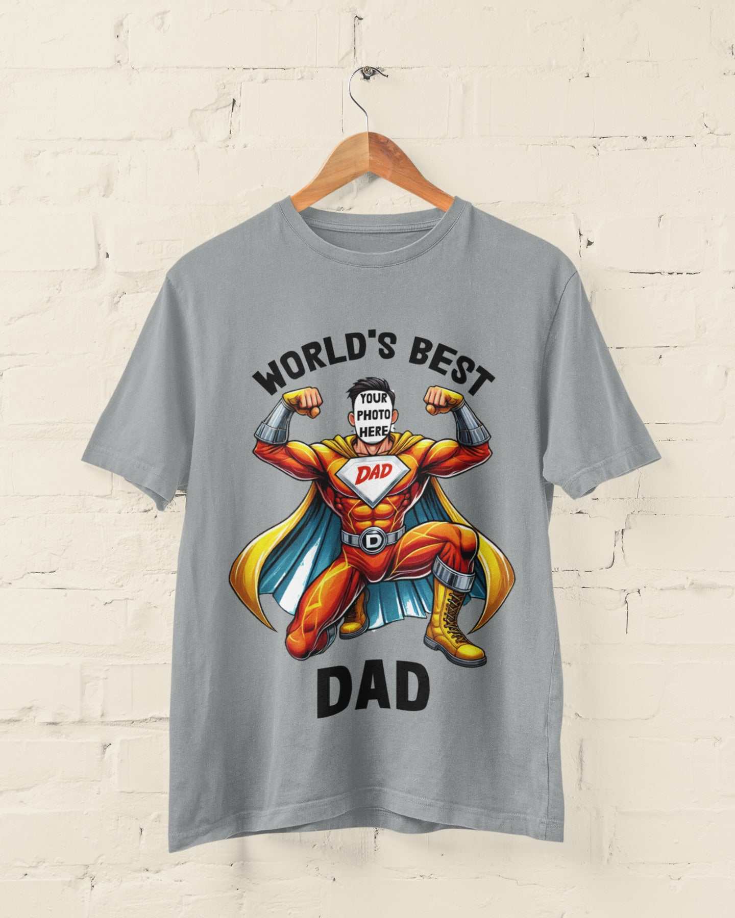 Personalised superhero dad t-shirt with custom photo face design, perfect for Father's Day gift.