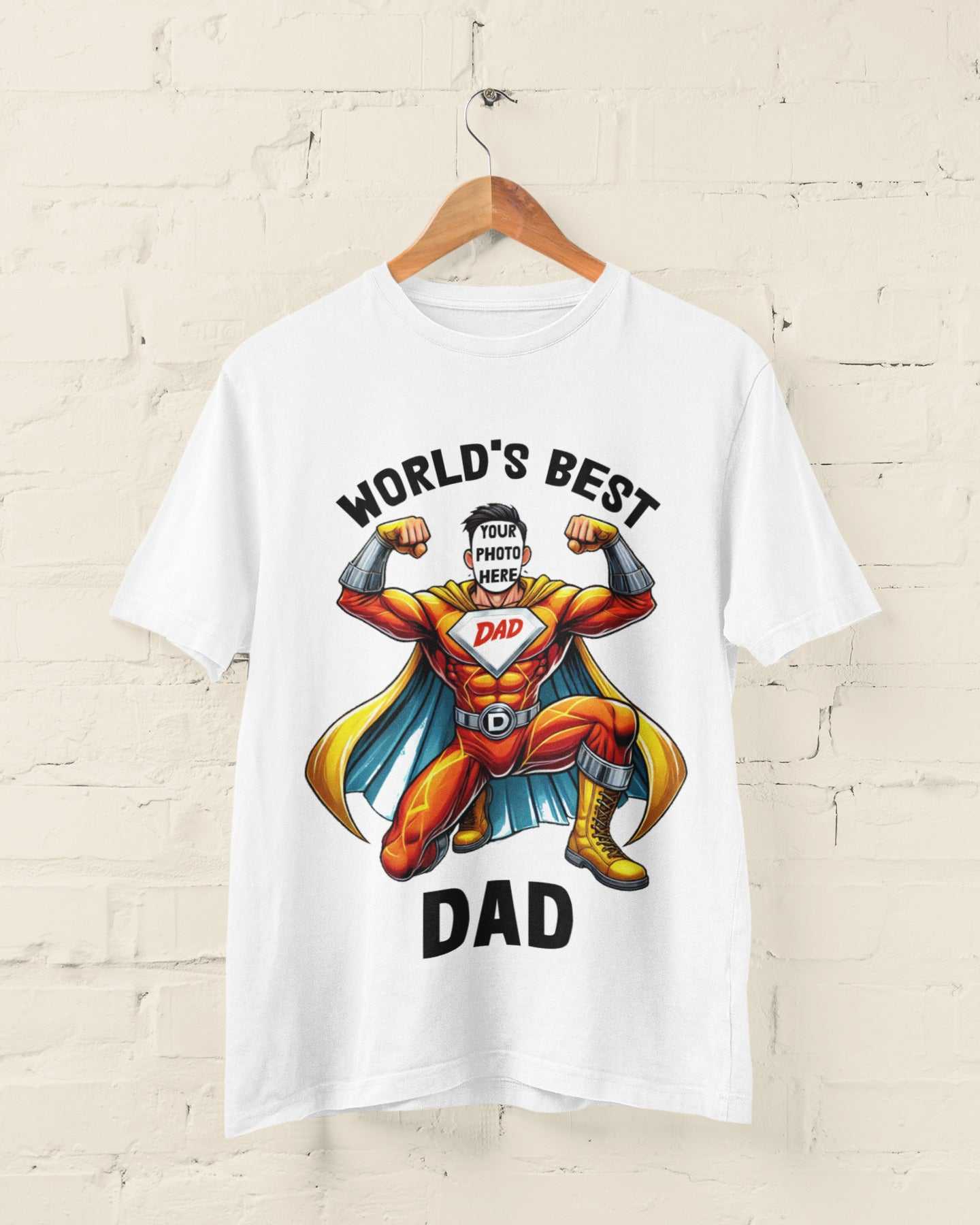 Personalised Superhero Dad T-Shirt with customizable face design for Father's Day gift.
