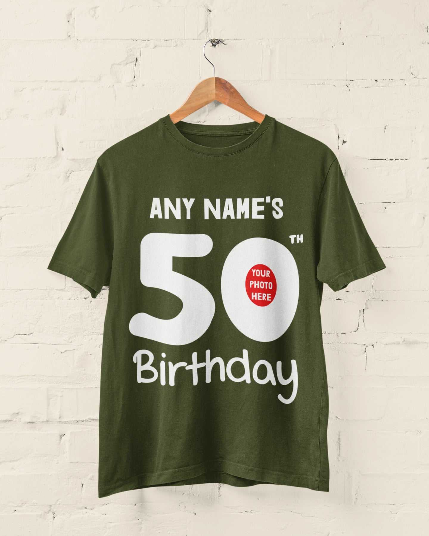 Personalised 50th birthday t-shirt with custom name and photo, milestone gift idea.