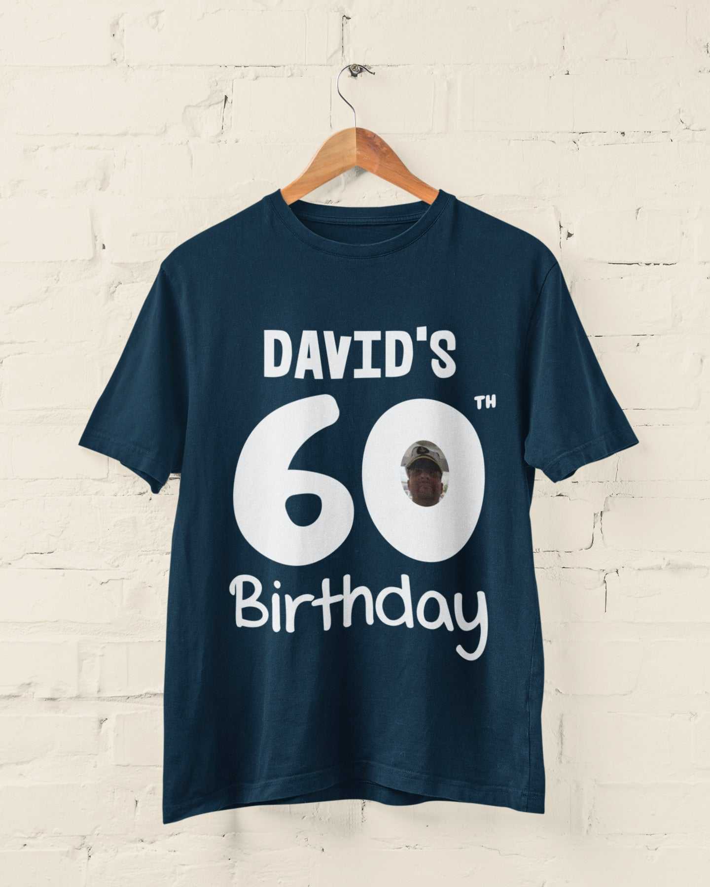 Personalised 60th birthday t-shirt with custom name and photo.