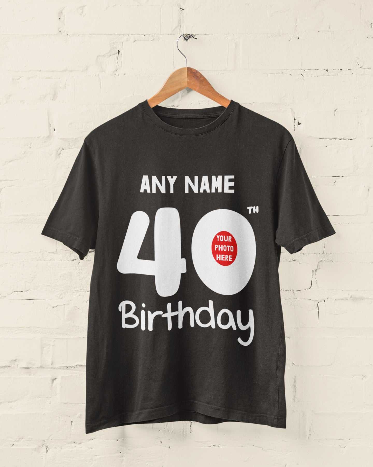 Customisable 40th birthday t-shirt with name and photo, perfect milestone gift.