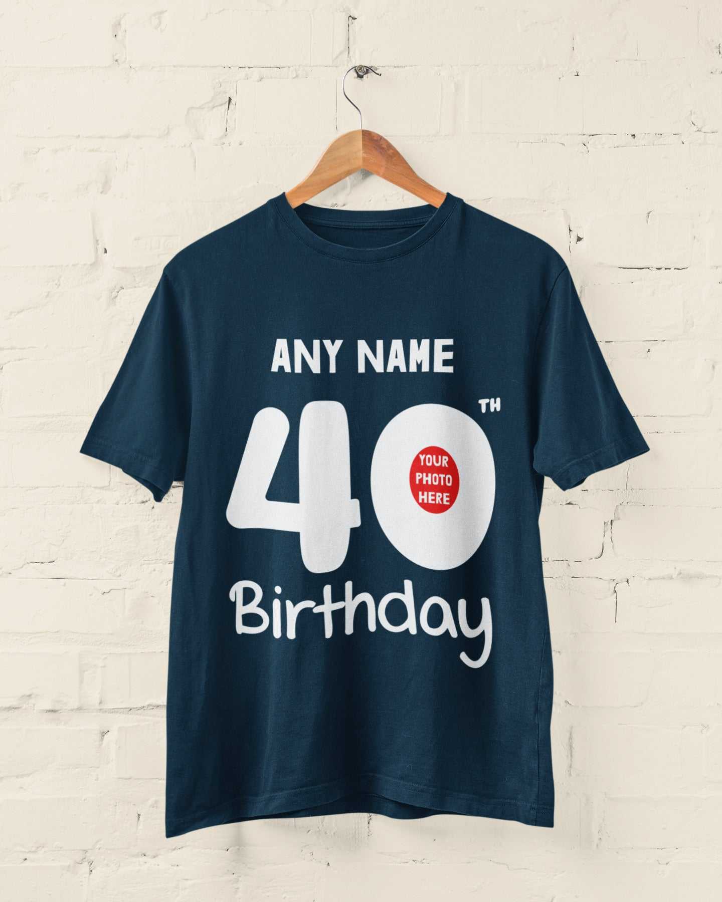 Personalised 40th birthday t-shirt with custom name and photo option, ideal gift for milestone celebrations.