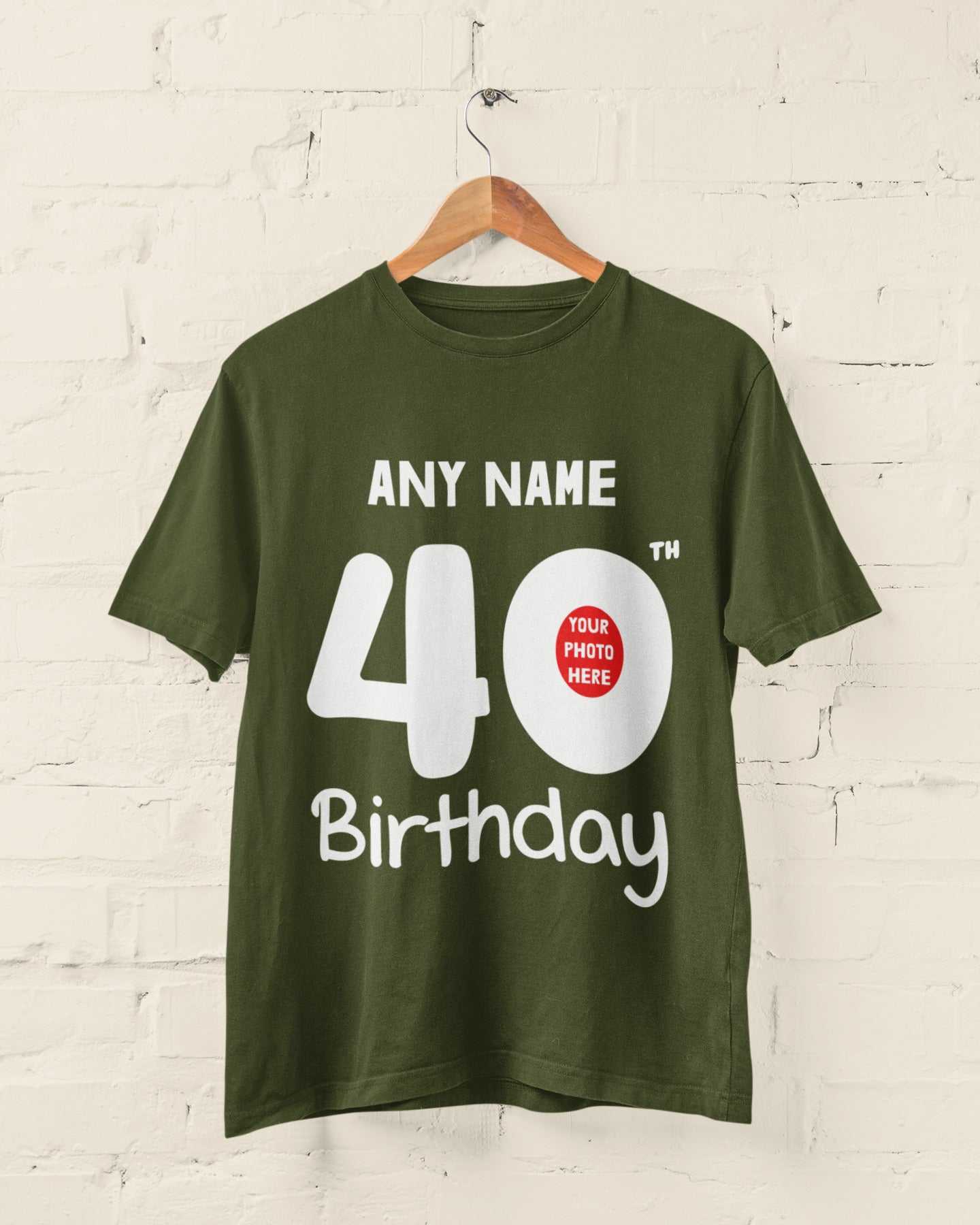 Personalised 40th birthday t-shirt with custom name and photo option, perfect gift idea.