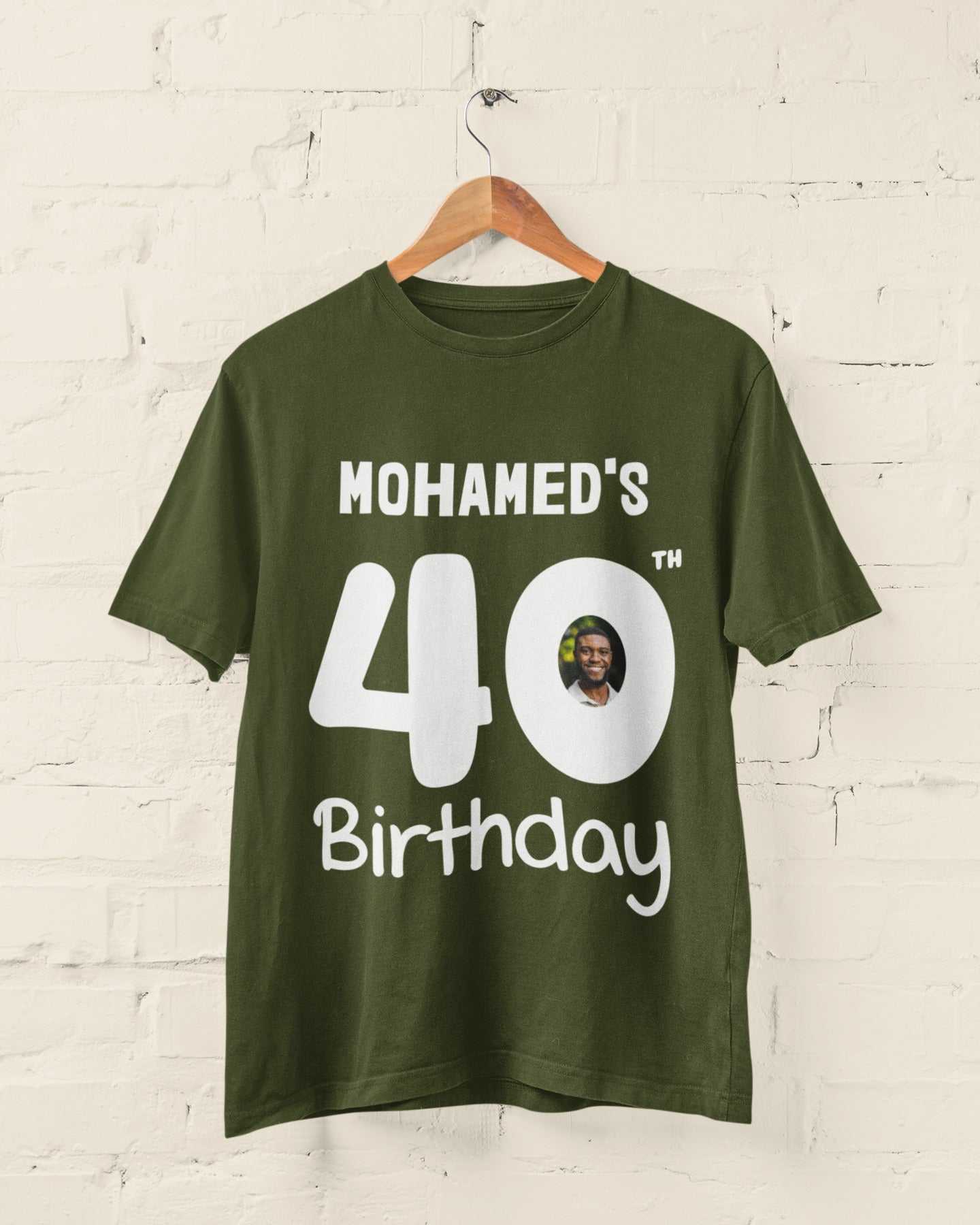 Personalised 40th birthday green t-shirt with custom name and photo design.