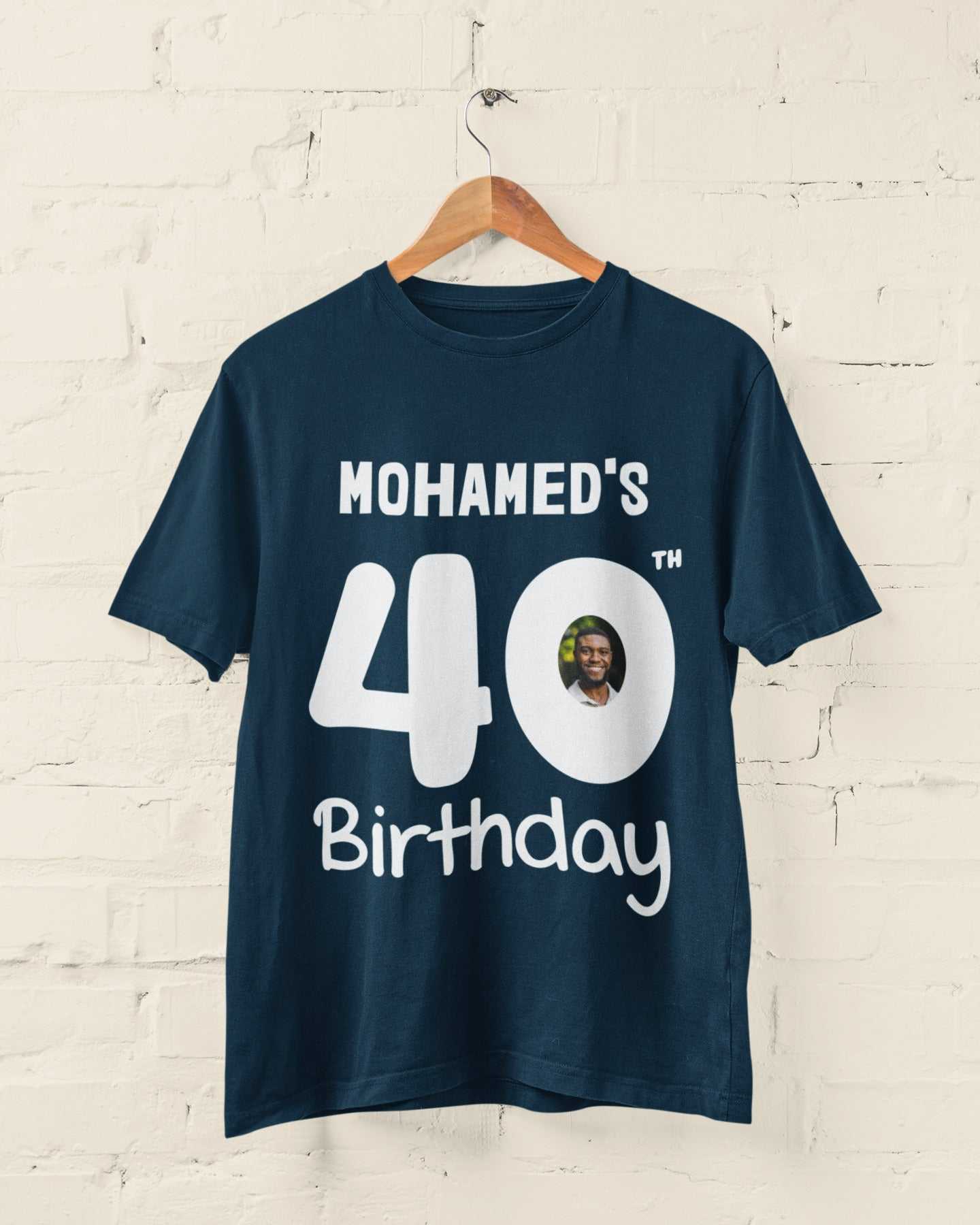 Personalised 40th birthday t-shirt with custom name and photo for milestone celebration.