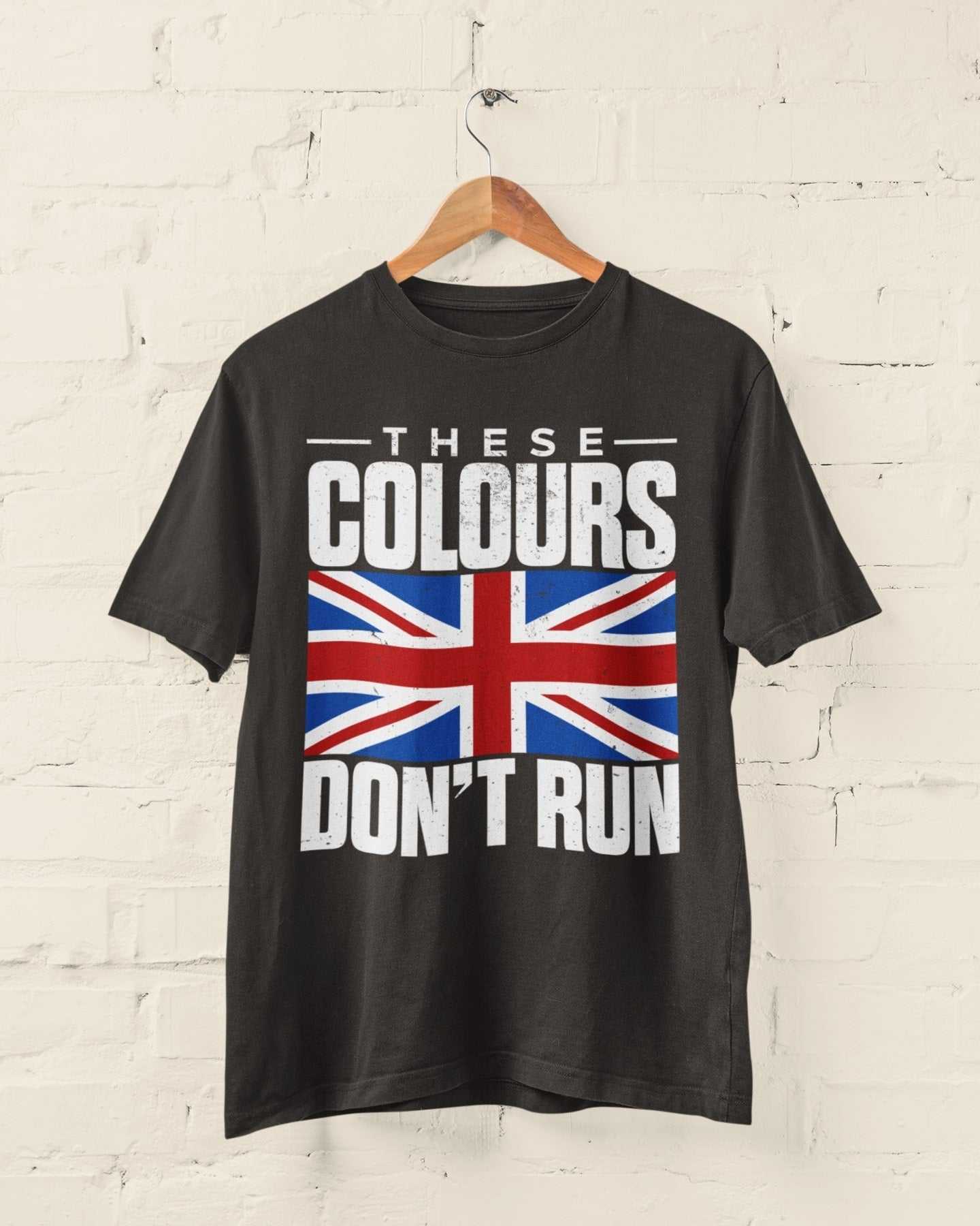 Distressed Union Jack t-shirt with "These Colours Don’t Run" message.