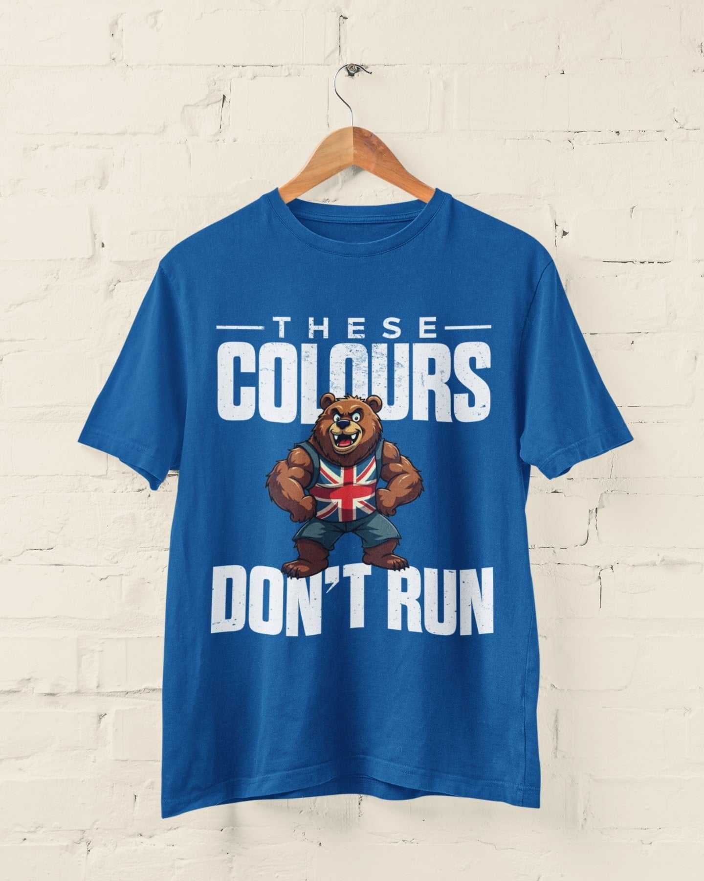 These Colours Don’t Run T-shirt with Union Jack bear design, blue UK patriotic tee.