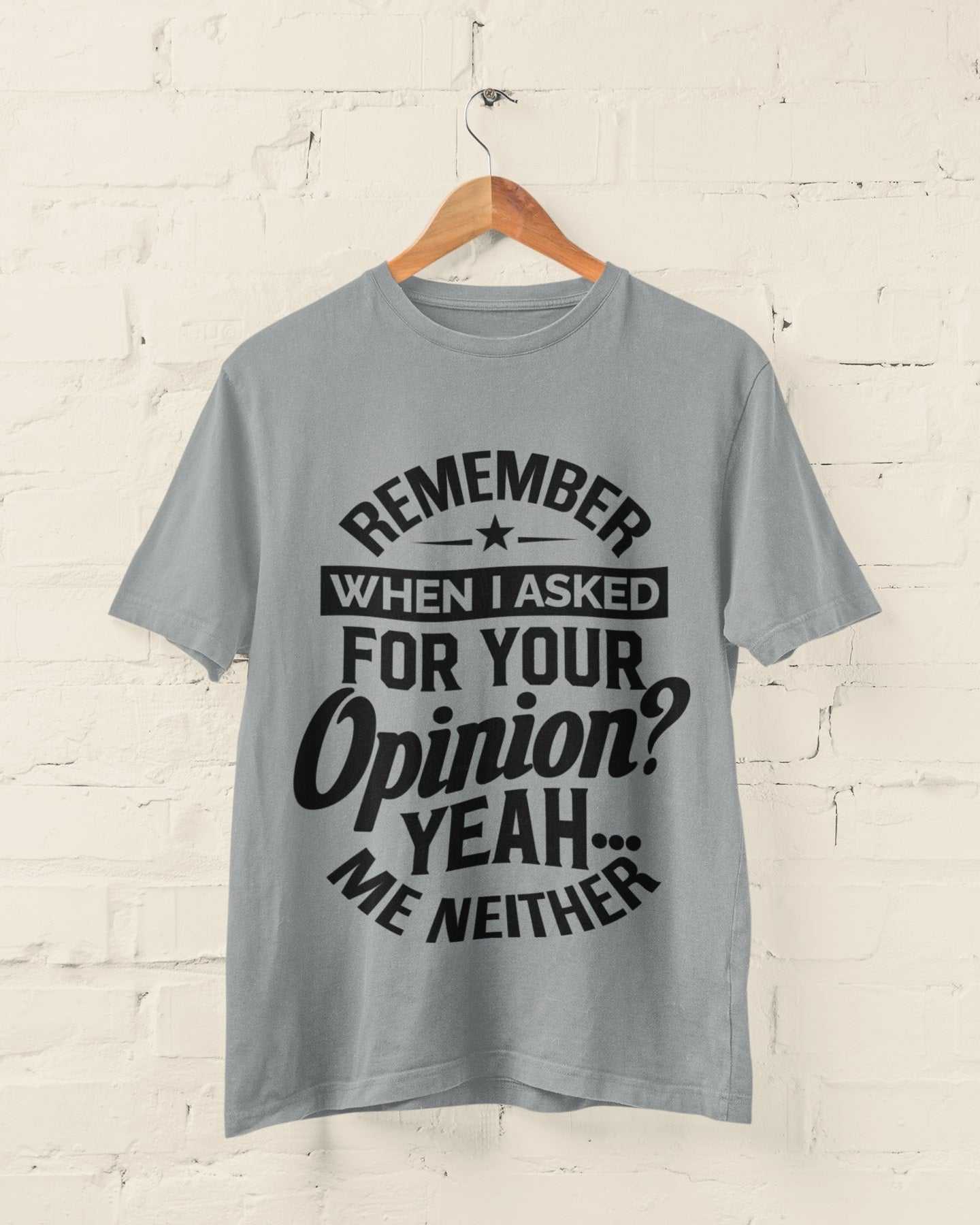 Funny grey t-shirt with bold black text "Remember When I Asked For Your Opinion? Yeah, Me Neither" hanging on a wooden hanger against a white brick wall.