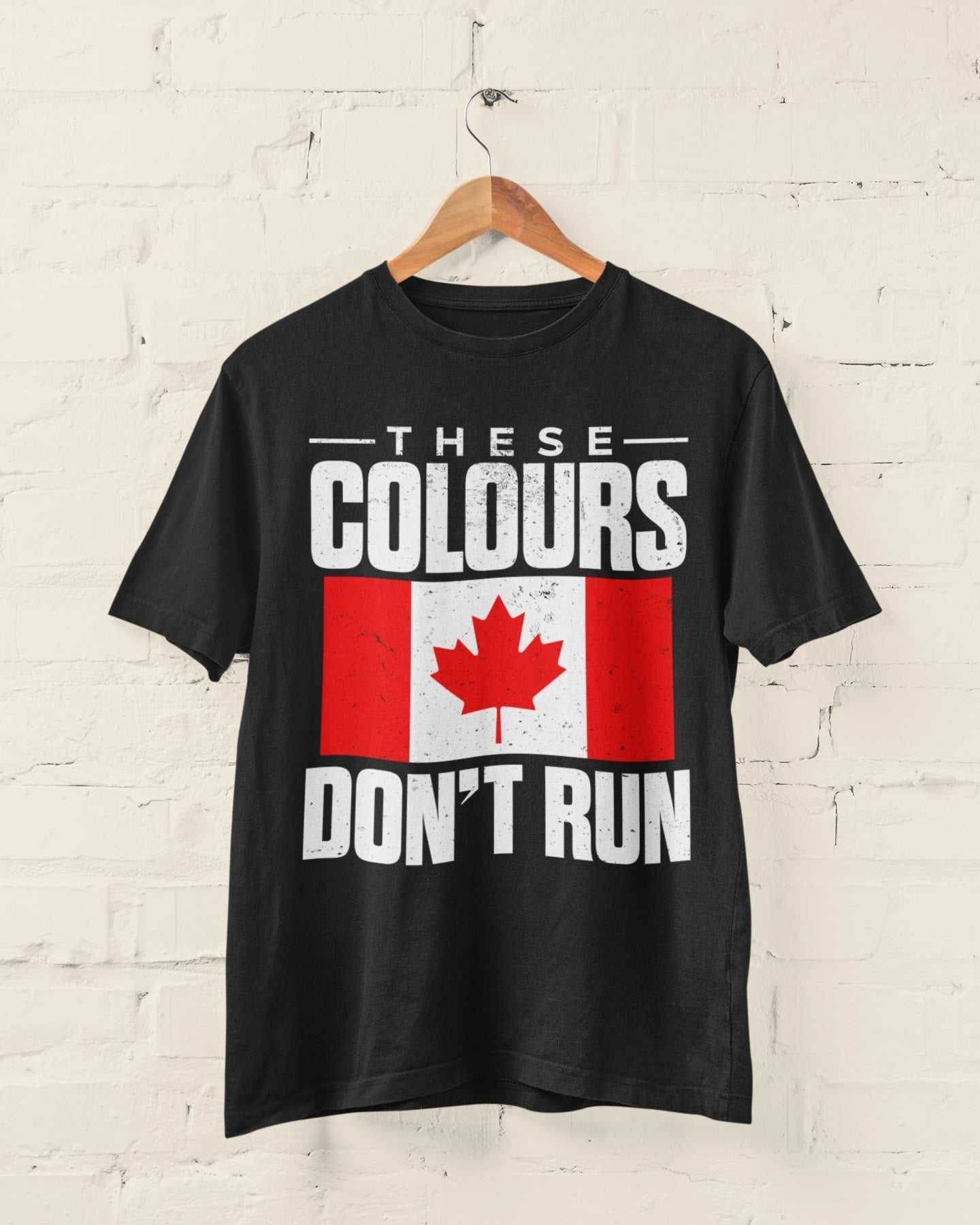 Distressed Canadian flag t-shirt with "These Colours Don’t Run" design, perfect for patriotic Canadians.