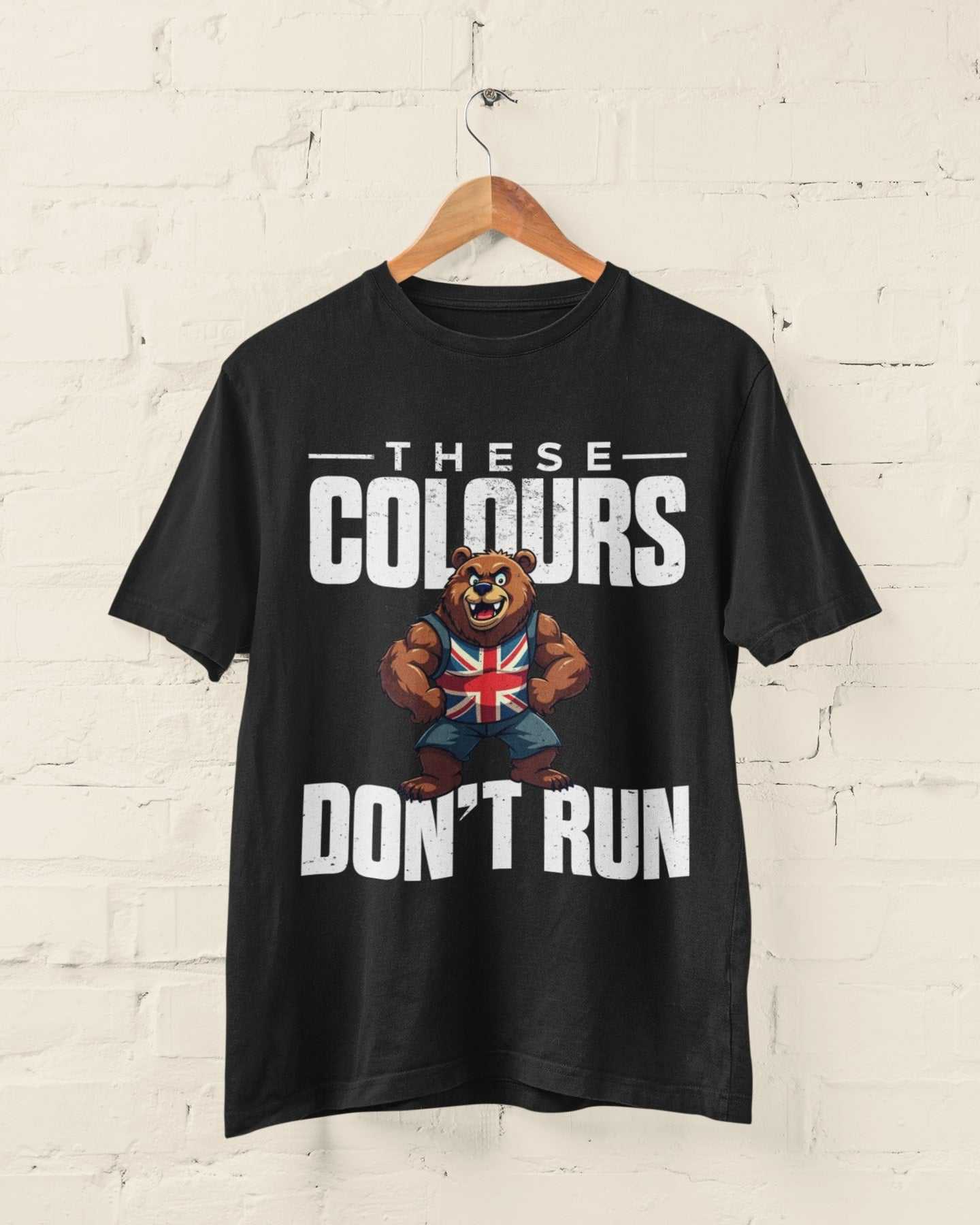 Union Jack bear t-shirt with "These Colours Don’t Run" slogan, black cotton.