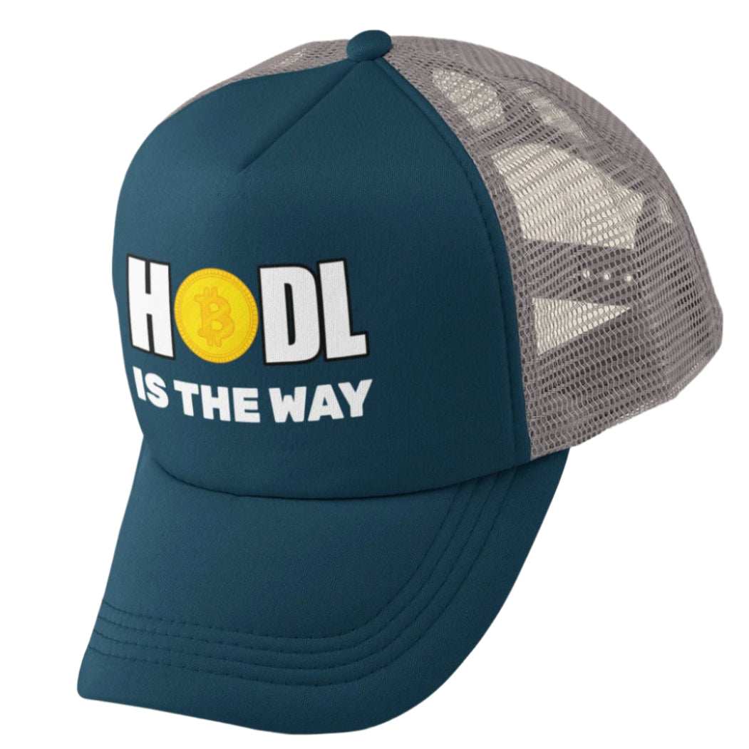HODL Bitcoin trucker cap with bold design and mesh back.