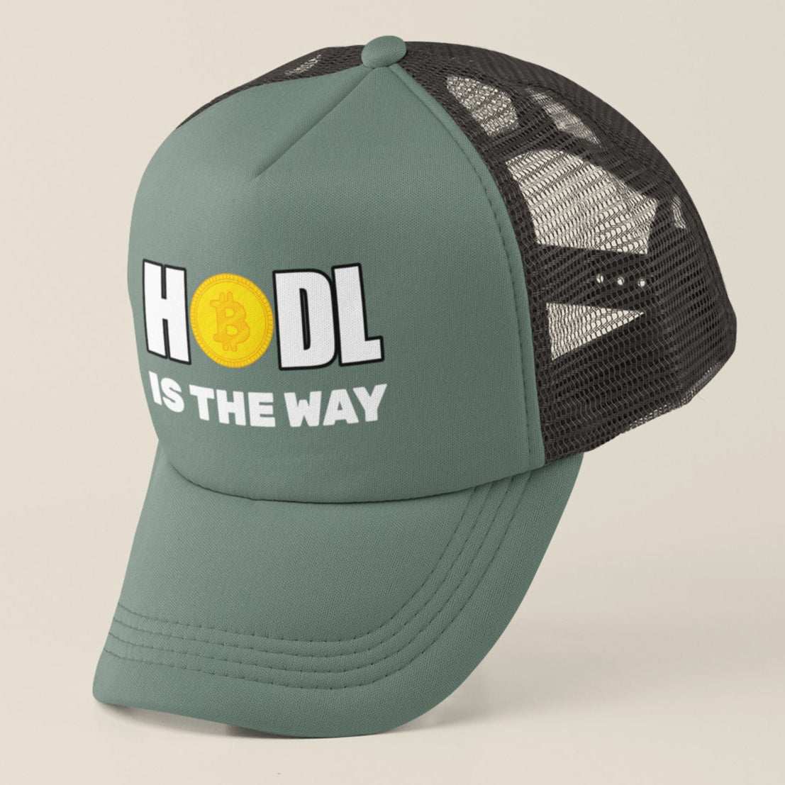 HODL Bitcoin Trucker Cap with bold "HODL IS THE WAY" design, Bitcoin emblem, mesh back, and adjustable snapback closure.
