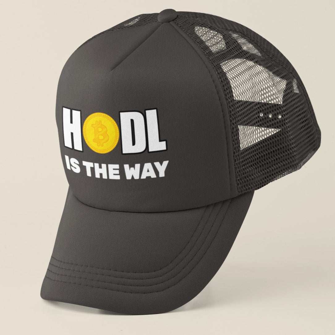 HODL Bitcoin Trucker Cap with "HODL IS THE WAY" design and Bitcoin emblem.