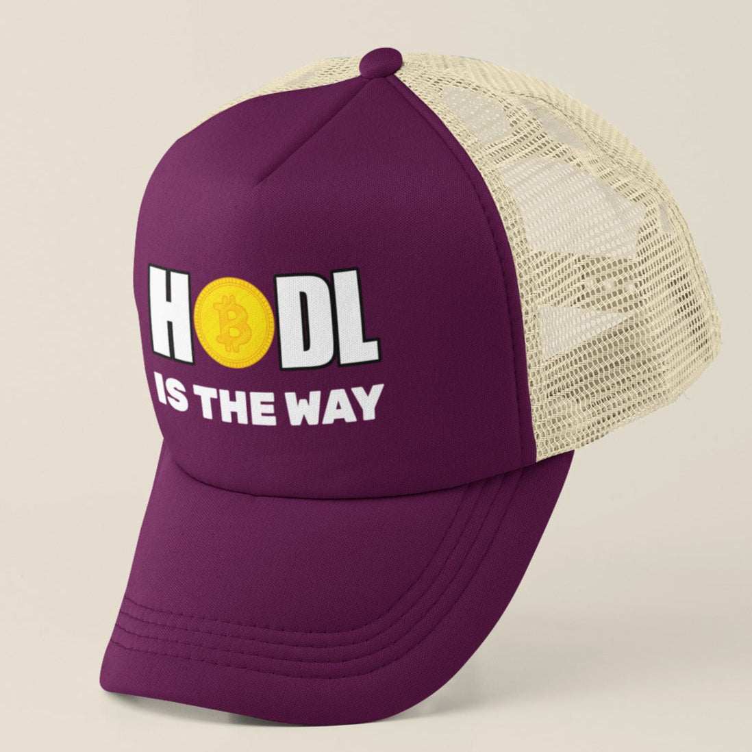 HODL Bitcoin Trucker Cap with bold design and mesh back.