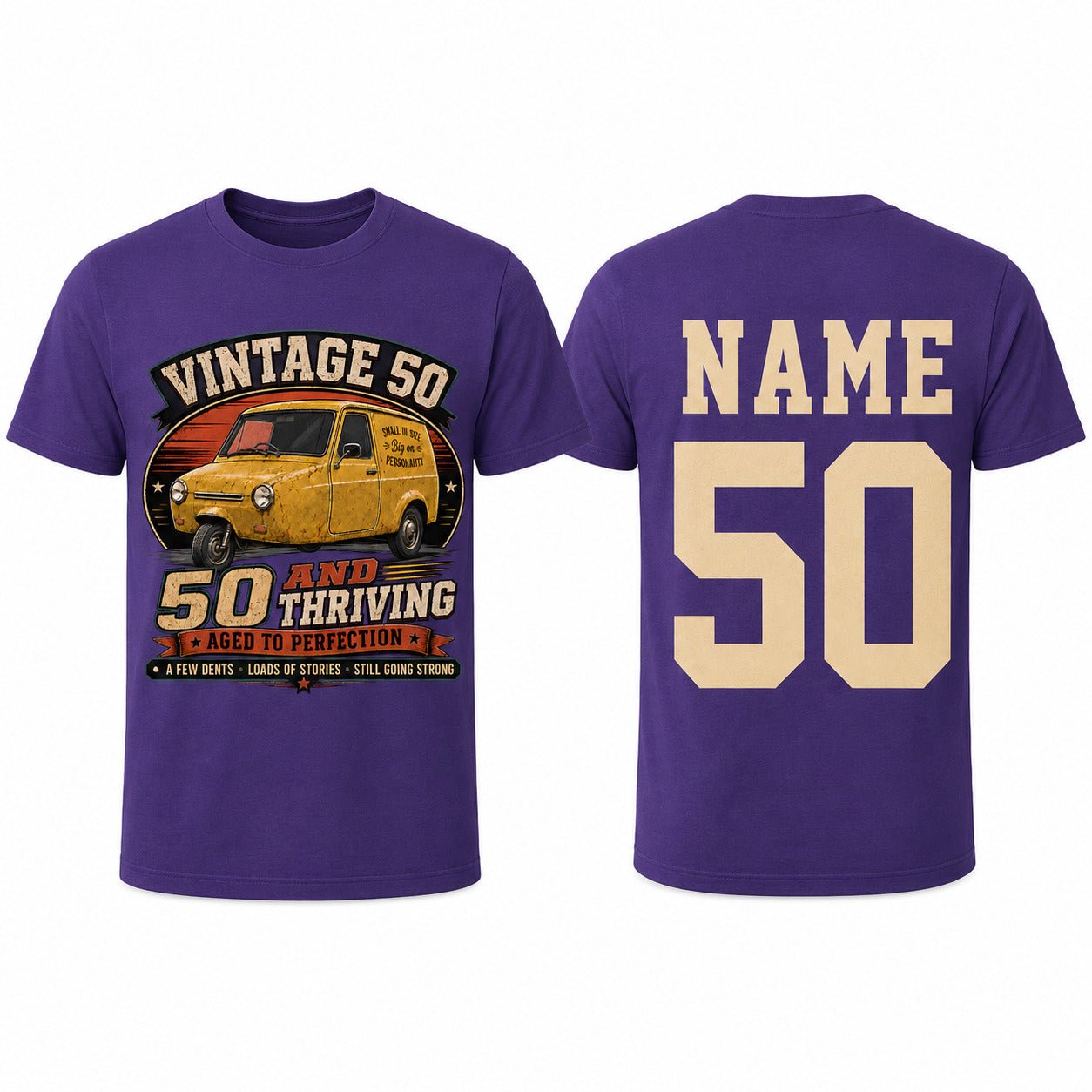 Personalised 50 and Thriving T-Shirt, Retro Van 50th Birthday Gift