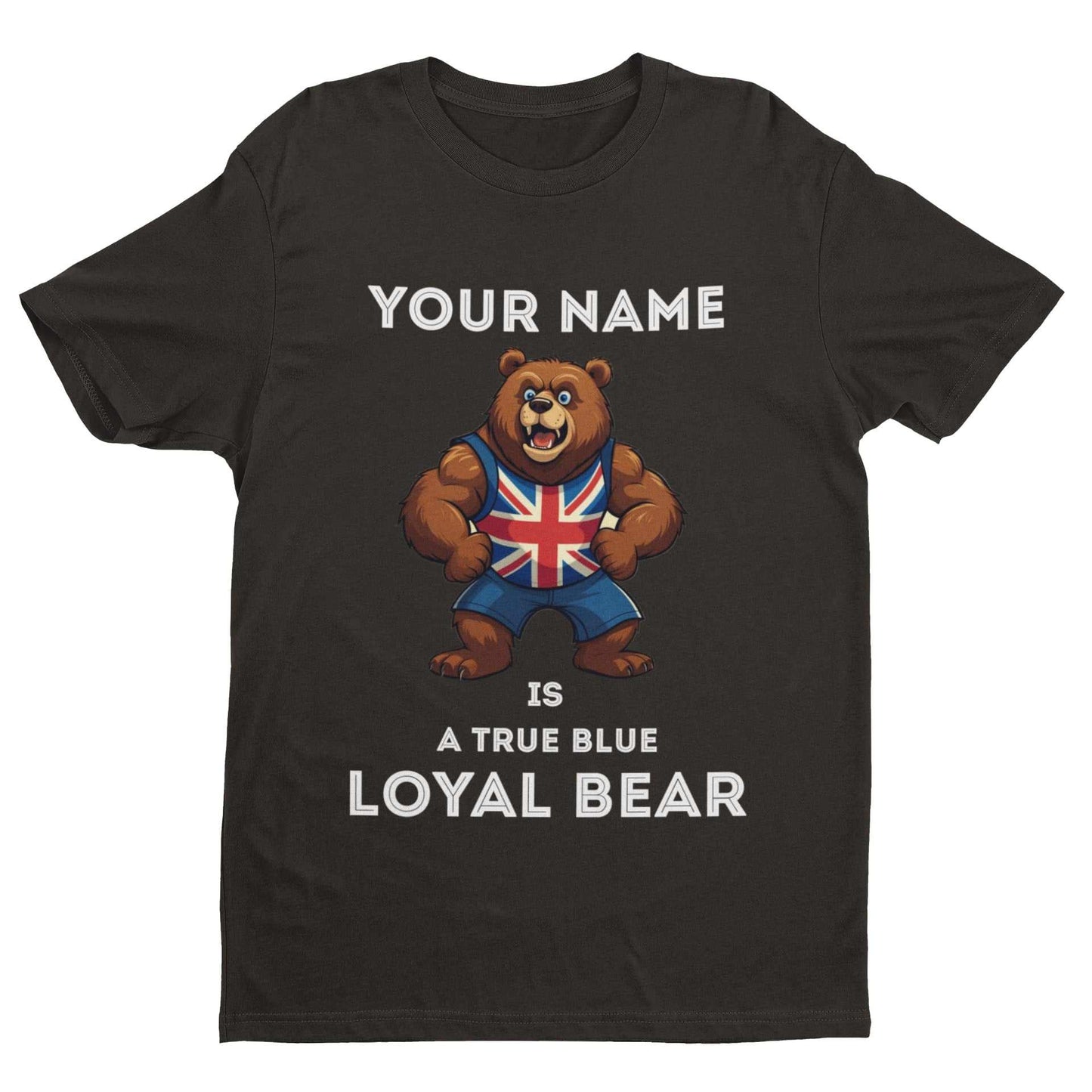 Personalised True Blue Loyal Bear T-Shirt in Black, garment-only front view