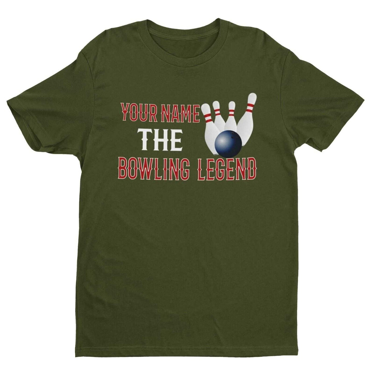 Personalised Bowling Legend T-Shirt in Military Green, front design view