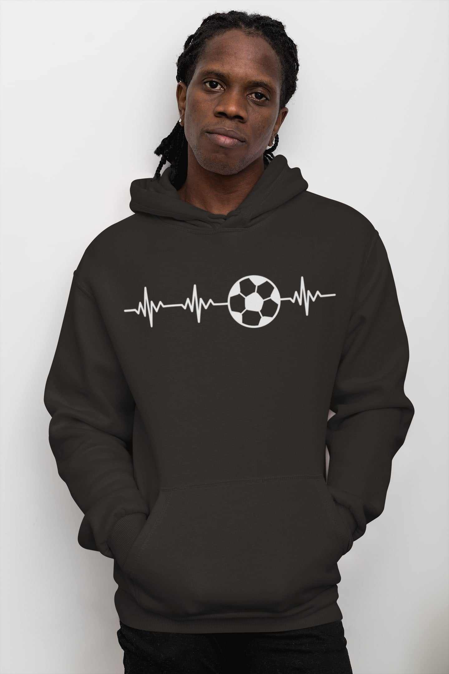 Football Pulse Hoodie with Soccer Heartbeat Design on Black Fleece Sweatshirt