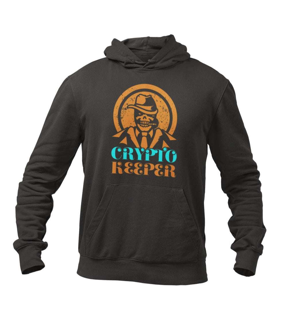 Crypto Keeper Bitcoin Hoodie with skeleton design for cryptocurrency enthusiasts.