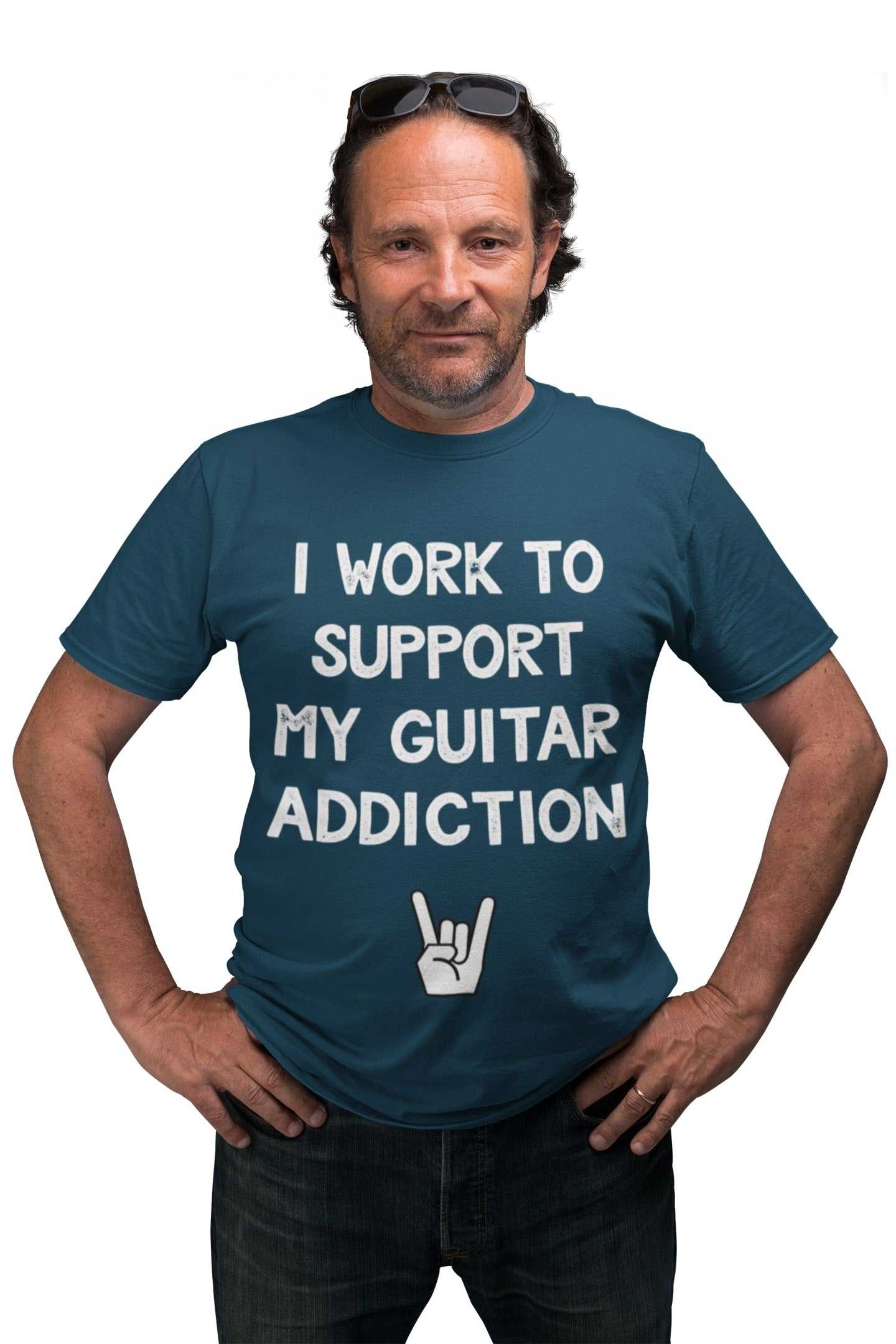 Funny shirt with "I Work to Support My Guitar Addiction" message, perfect gift for guitarists.