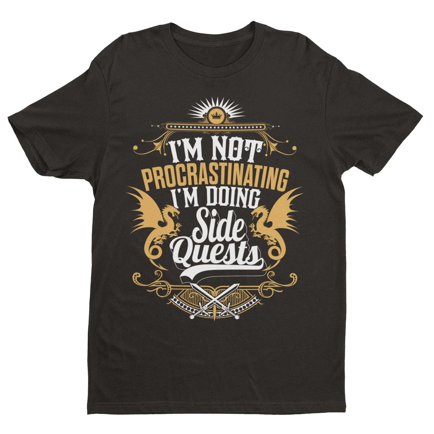 Unisex funny gamer T-shirt with "I’m Not Procrastinating, I’m Doing Side Quests" slogan, ideal RPG gaming gift.