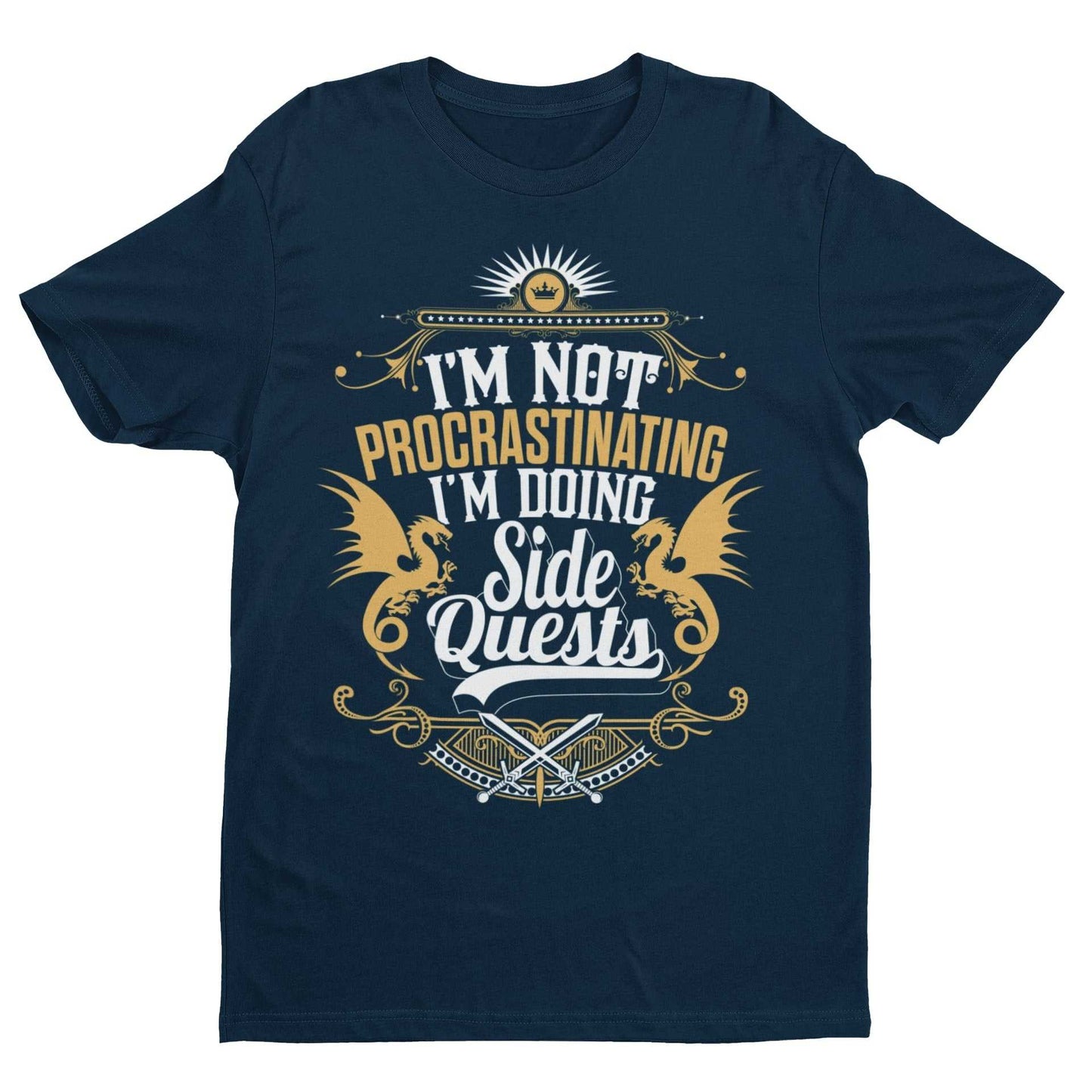 Unisex navy t-shirt with "I'm Not Procrastinating, I'm Doing Side Quests" slogan, ideal gaming gift for RPG fans.