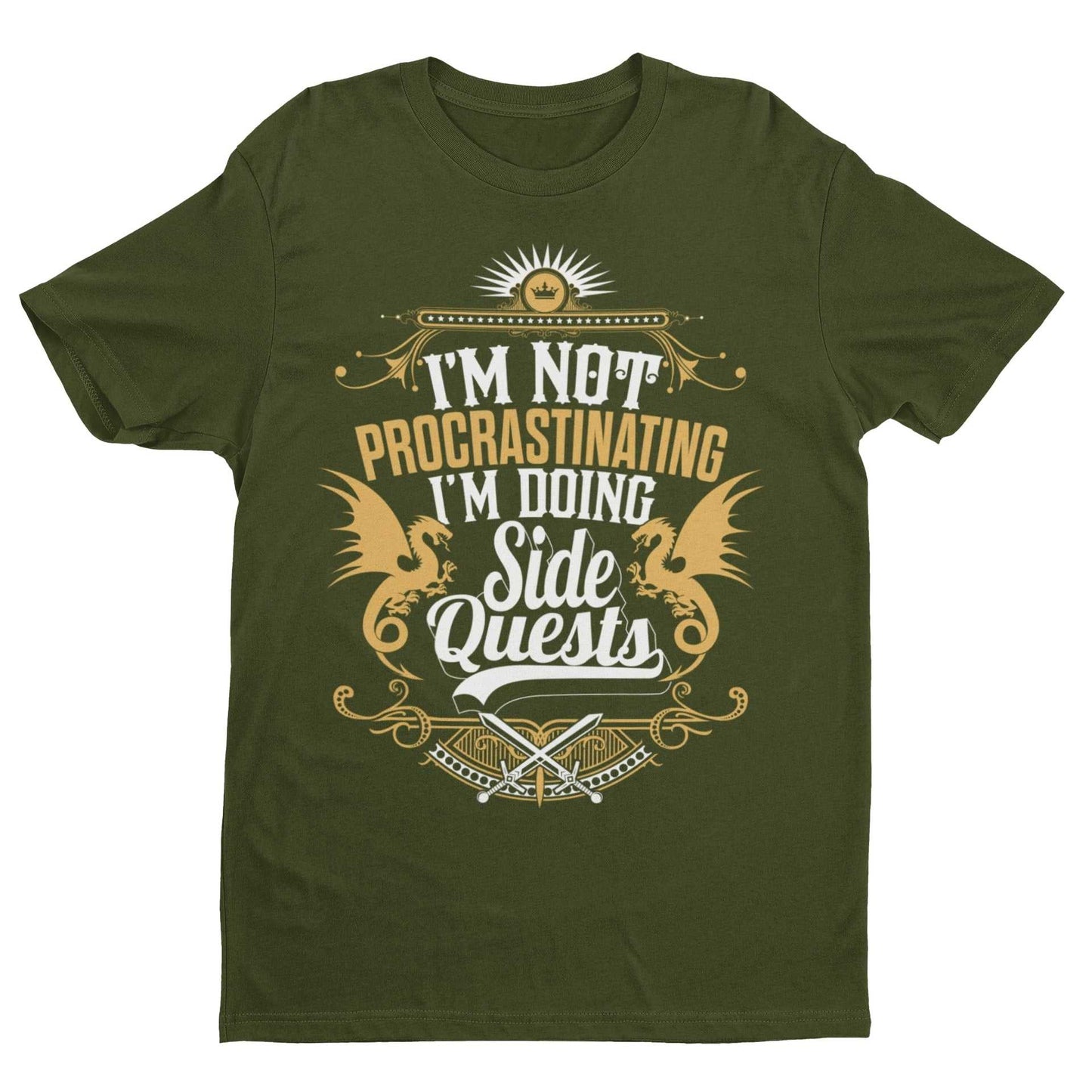 Unisex funny gamer T-shirt with "I’m Not Procrastinating, I’m Doing Side Quests" slogan, ideal gift for RPG lovers.