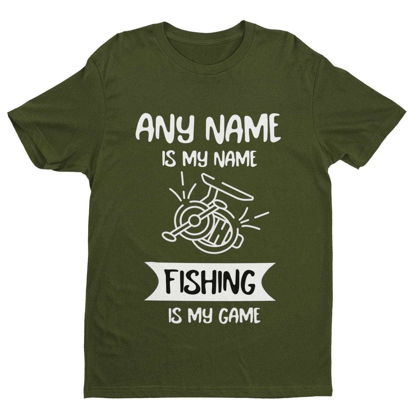 Personalised Fishing T-Shirt with customizable name, green, ideal gift for anglers.