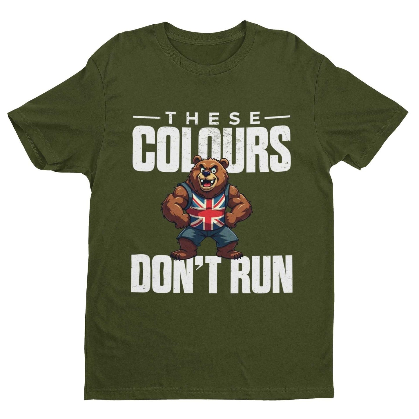 Union Jack bear graphic t-shirt with "These Colours Don’t Run" text on olive green background.