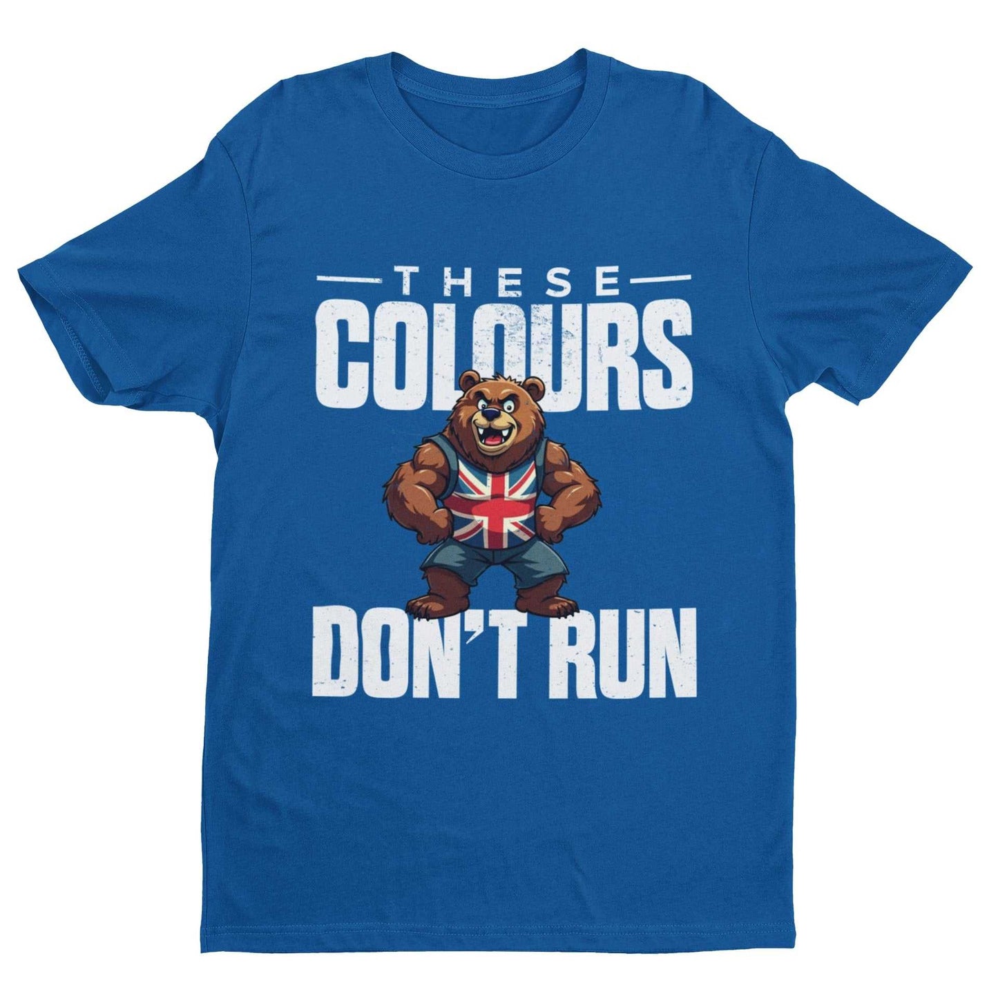 Union Jack bear "These Colours Don’t Run" t-shirt, blue background, UK patriotic graphic tee.
