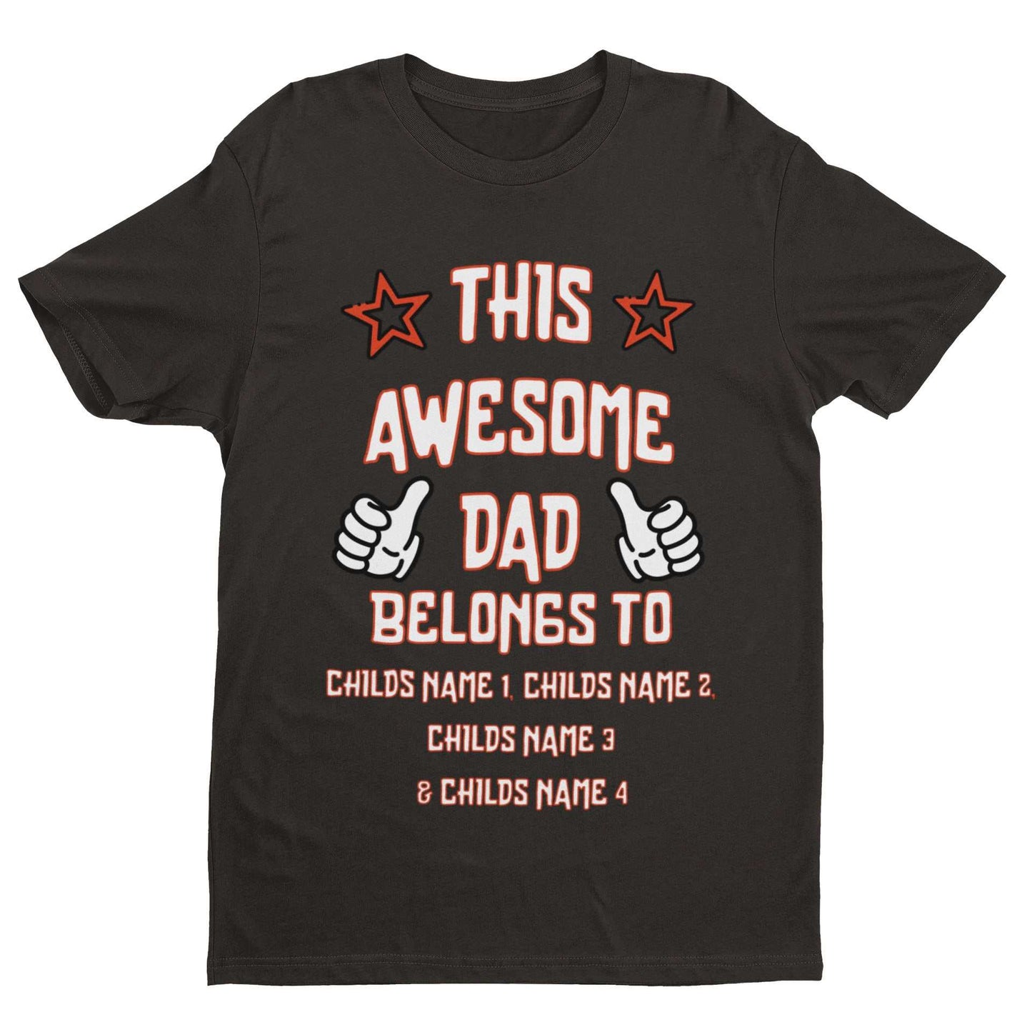 Personalised Dad T-Shirt featuring "This Awesome Dad Belongs To" with kids' names, thumbs-up and star graphics; gift idea.