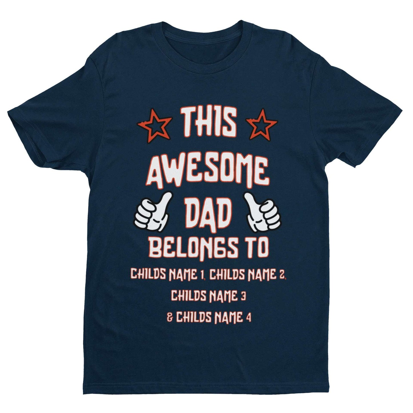 Personalised Dad T-Shirt with "This Awesome Dad Belongs To" design, customizable with kids' names; perfect gift idea.