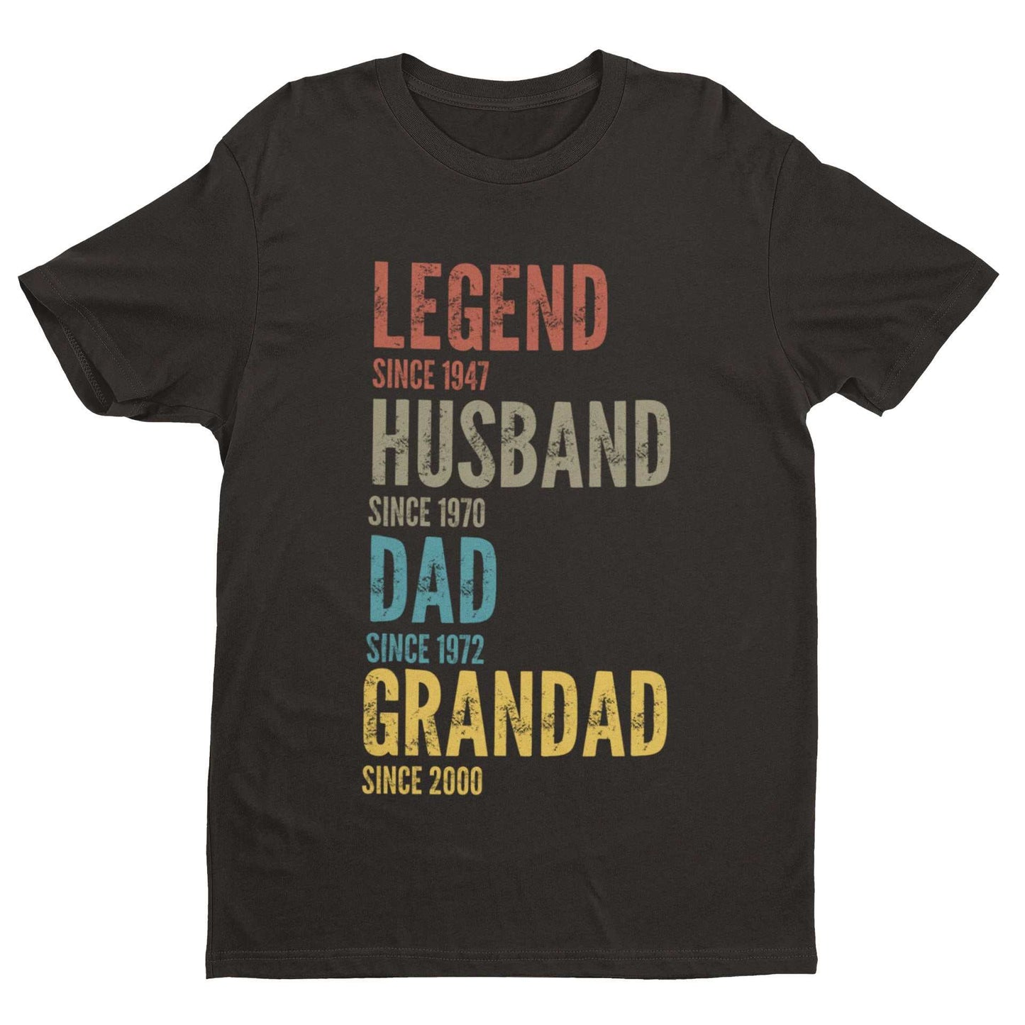 Personalised Grandad, Dad, Husband, Legend T-shirt with customisable text option for milestone celebrations.