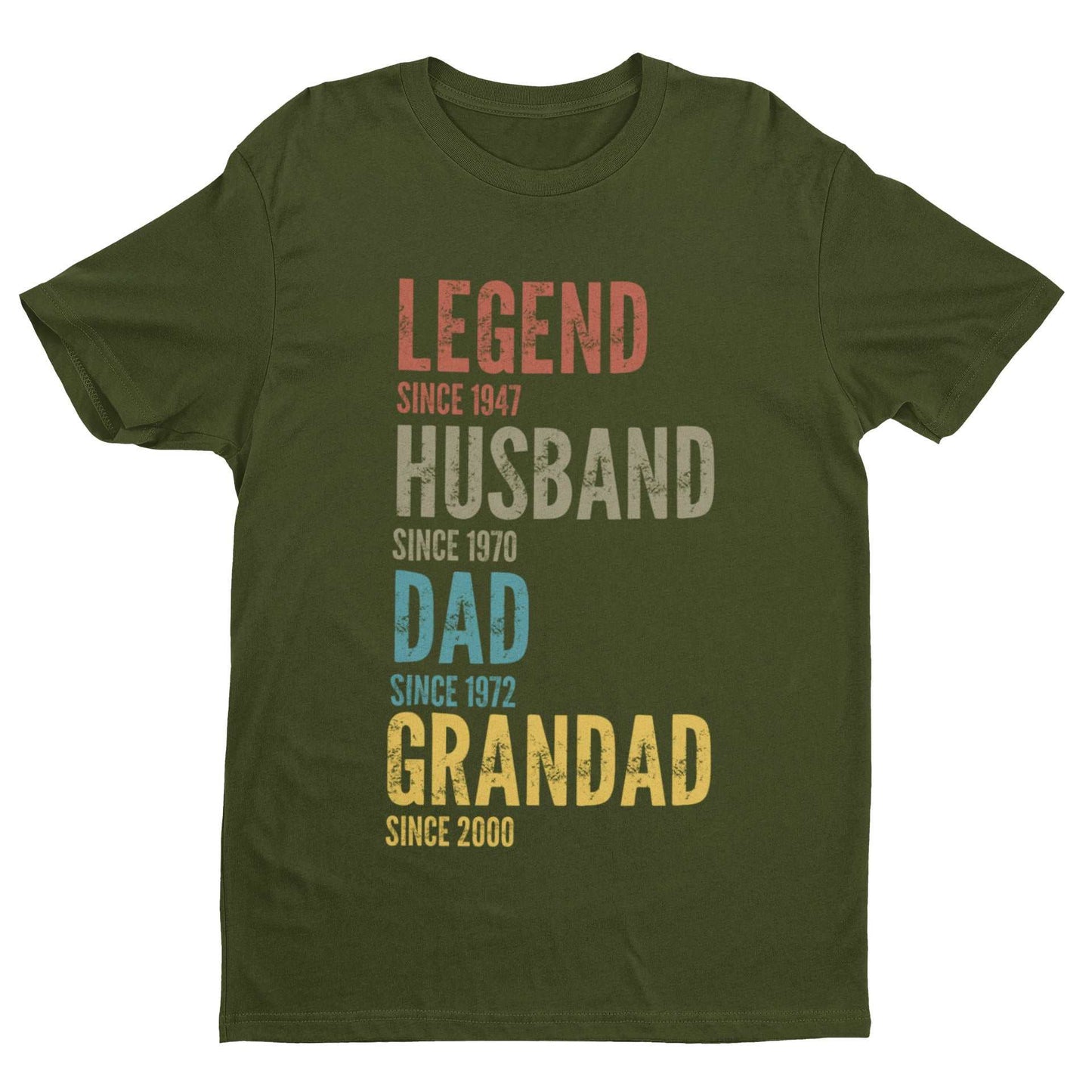 Personalised Grandad, Dad, Husband, Legend T-shirt with customisable text in vintage-inspired print.