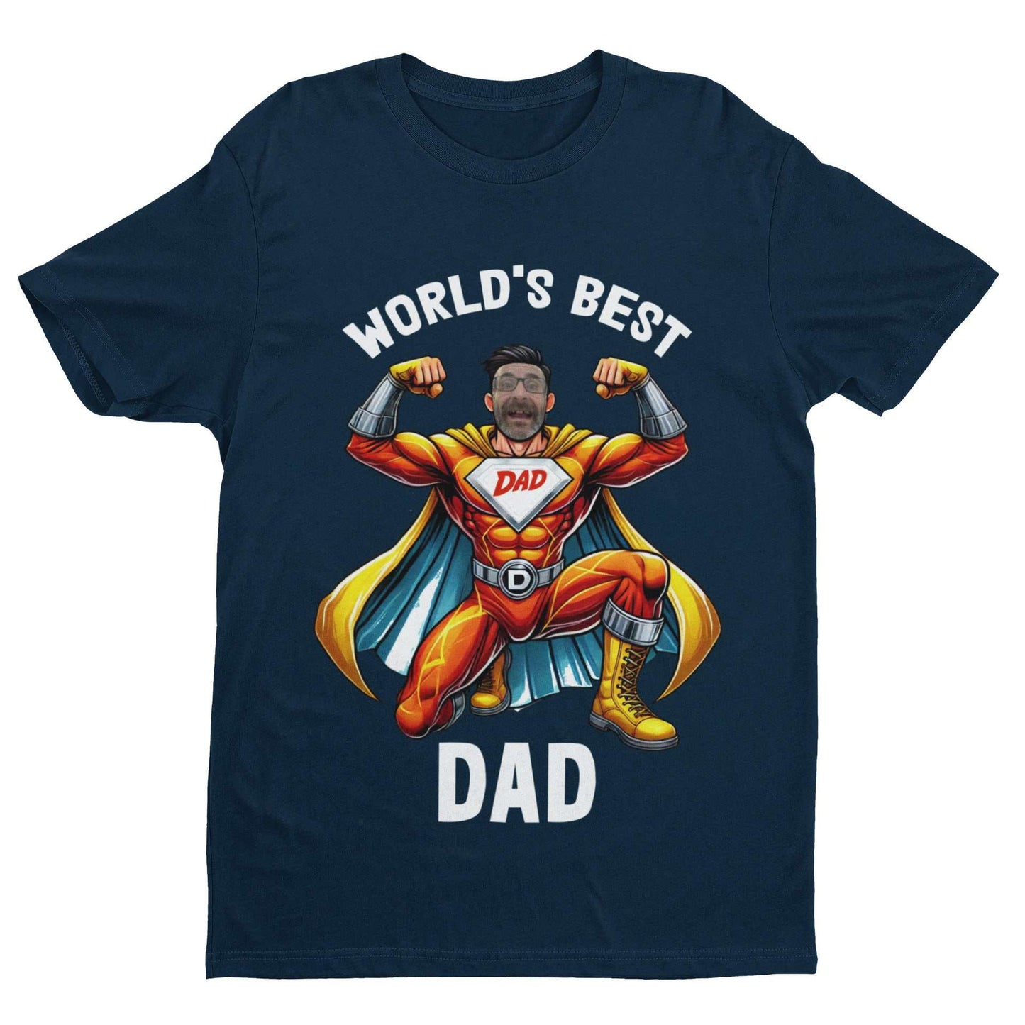 Personalised superhero dad t-shirt with custom face design, Father's Day gift.