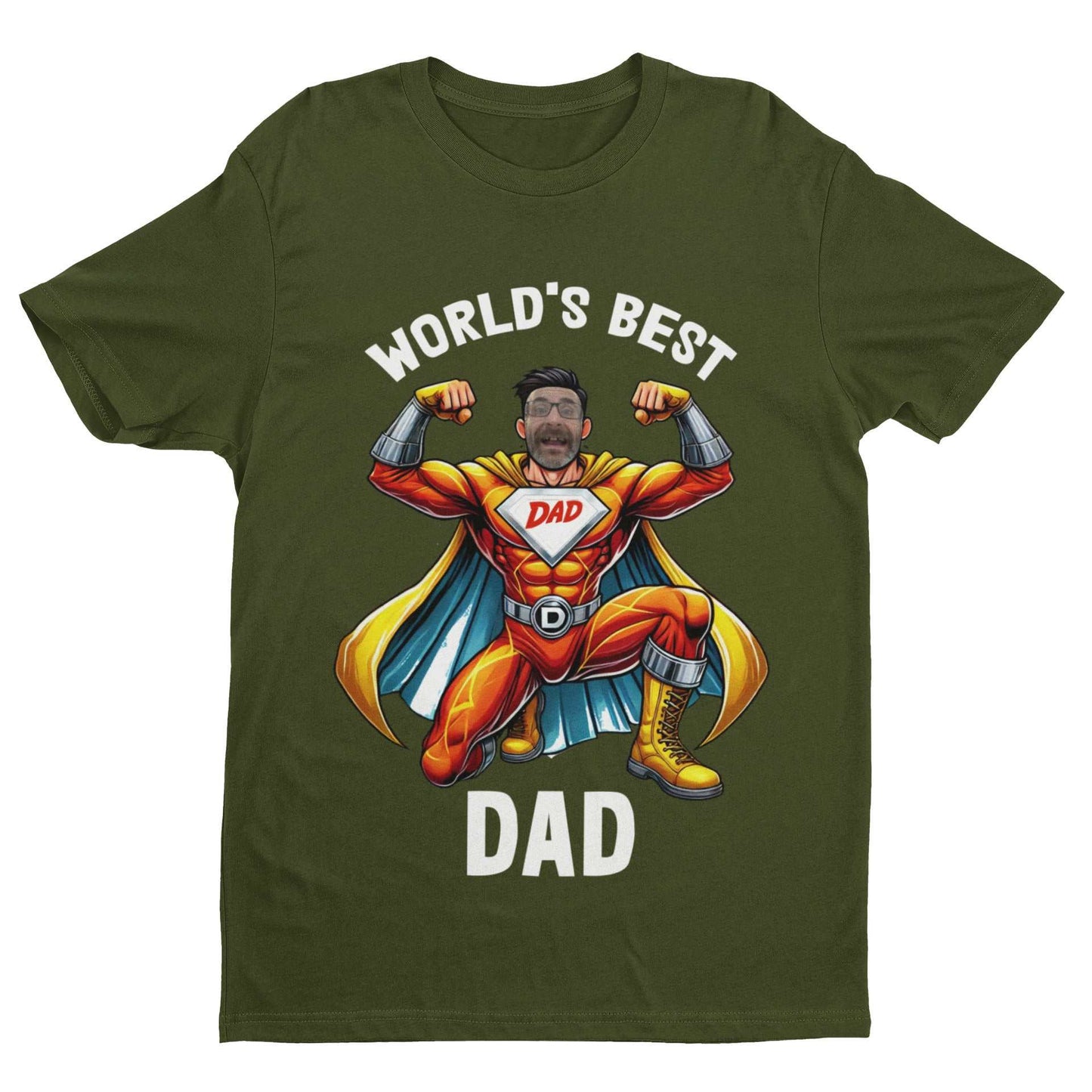 Personalised Superhero Dad T-Shirt with customizable photo face design for Father's Day gift.