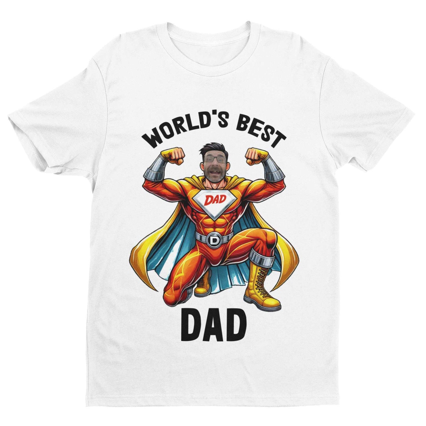Personalised Superhero Dad T-Shirt with custom photo face design on white fabric.