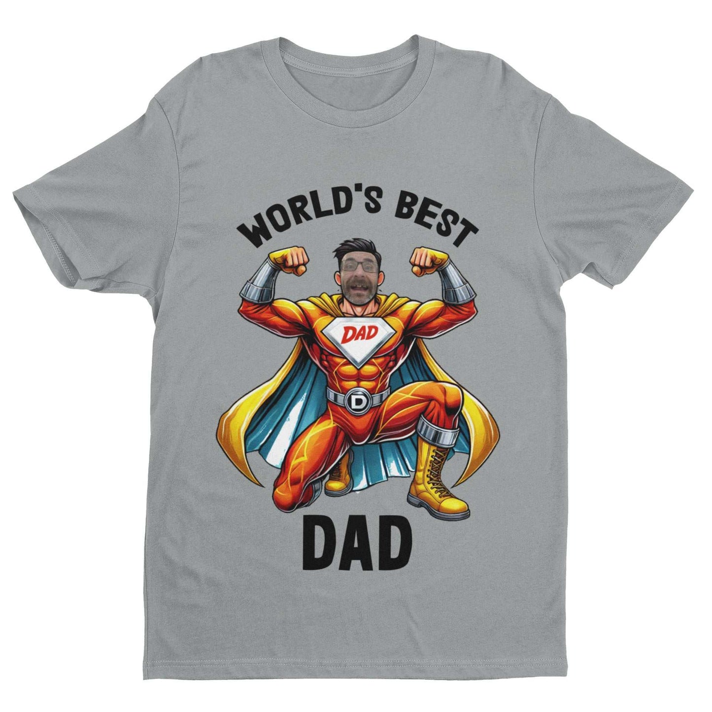 Personalised superhero dad t-shirt with custom face design for Father's Day gift.