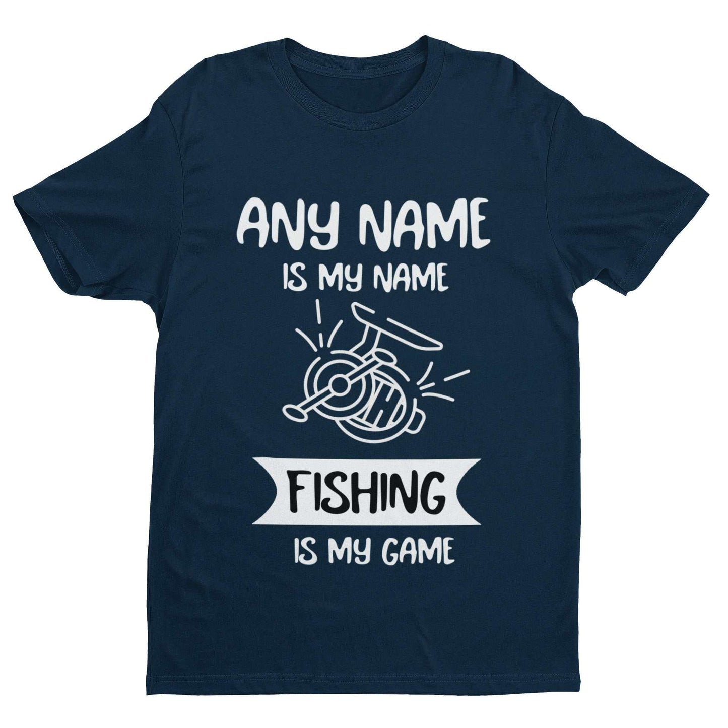 Personalized fishing T-shirt with customizable name and "Fishing is My Game" design.
