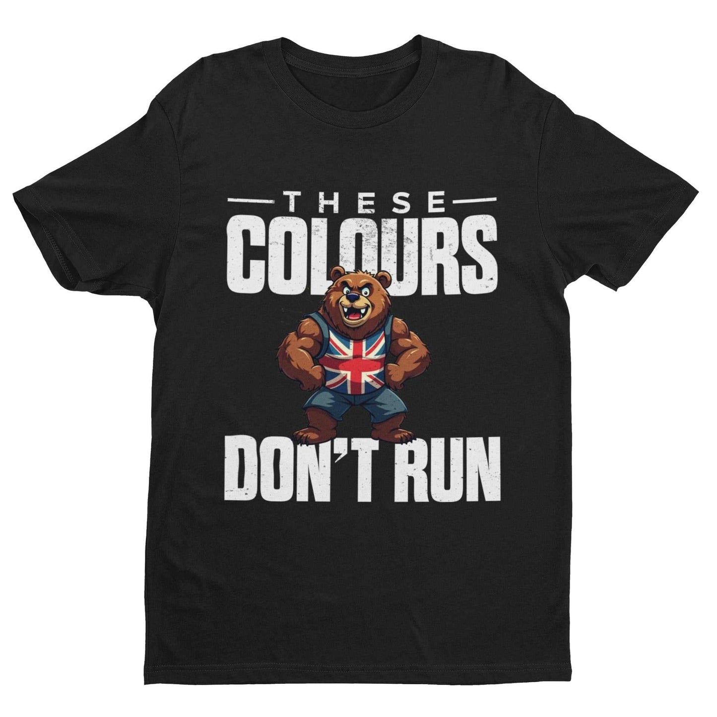 Union Jack bear graphic T-shirt with "These Colours Don’t Run" slogan, black, patriotic UK design.