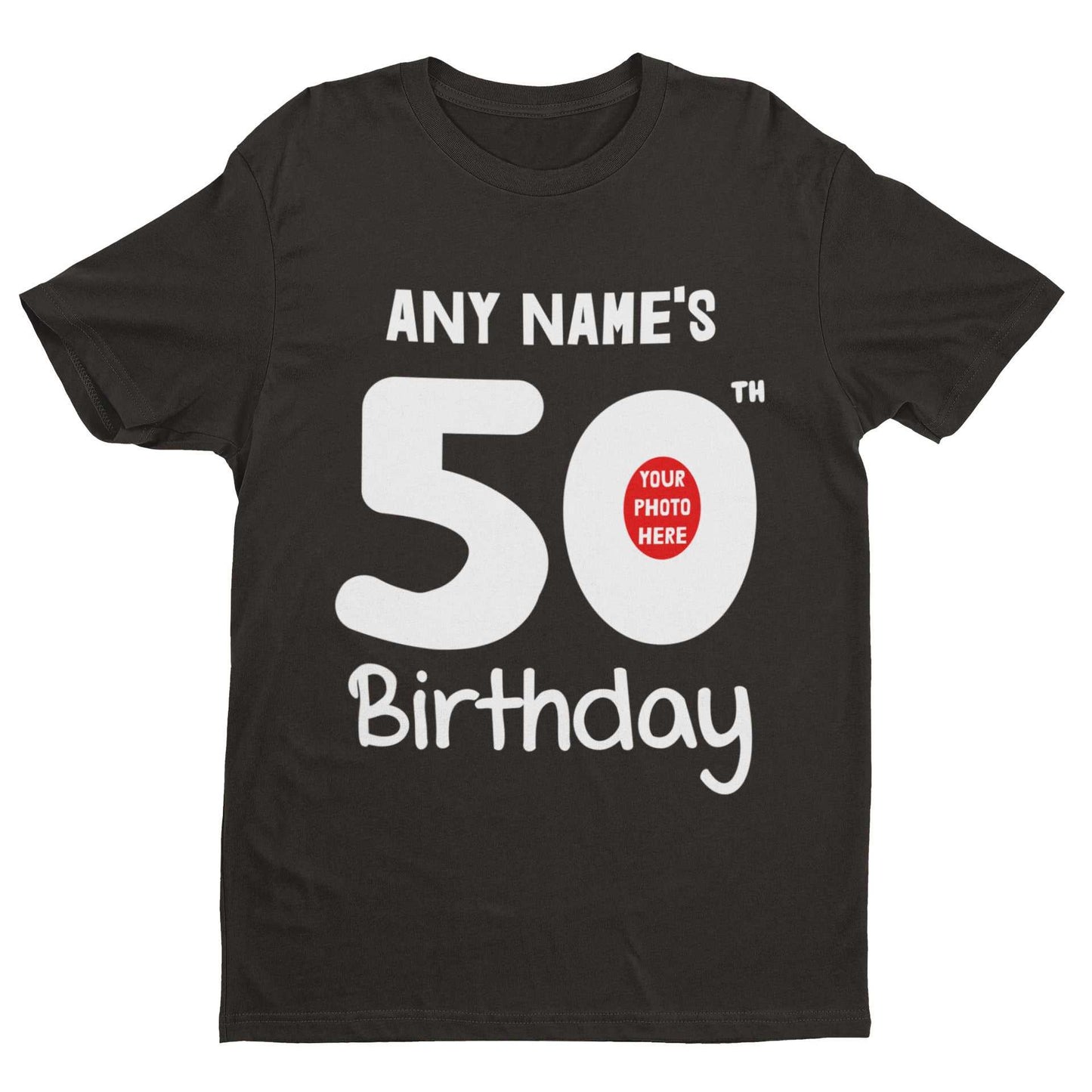 Personalised 50th birthday T-shirt with custom name and photo design.