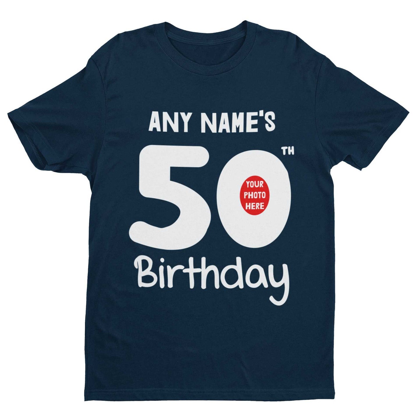 Personalised 50th birthday t-shirt with custom name and photo in the number "0".
