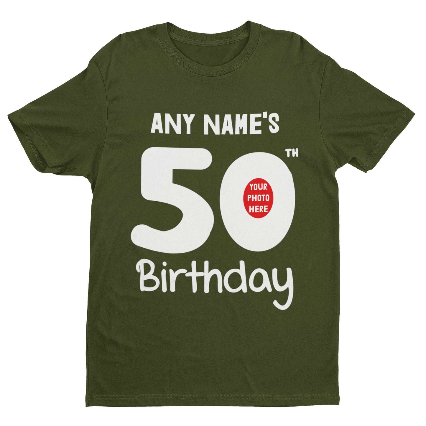 Personalised 50th birthday T-shirt with custom name and photo design, ideal for milestone celebrations.