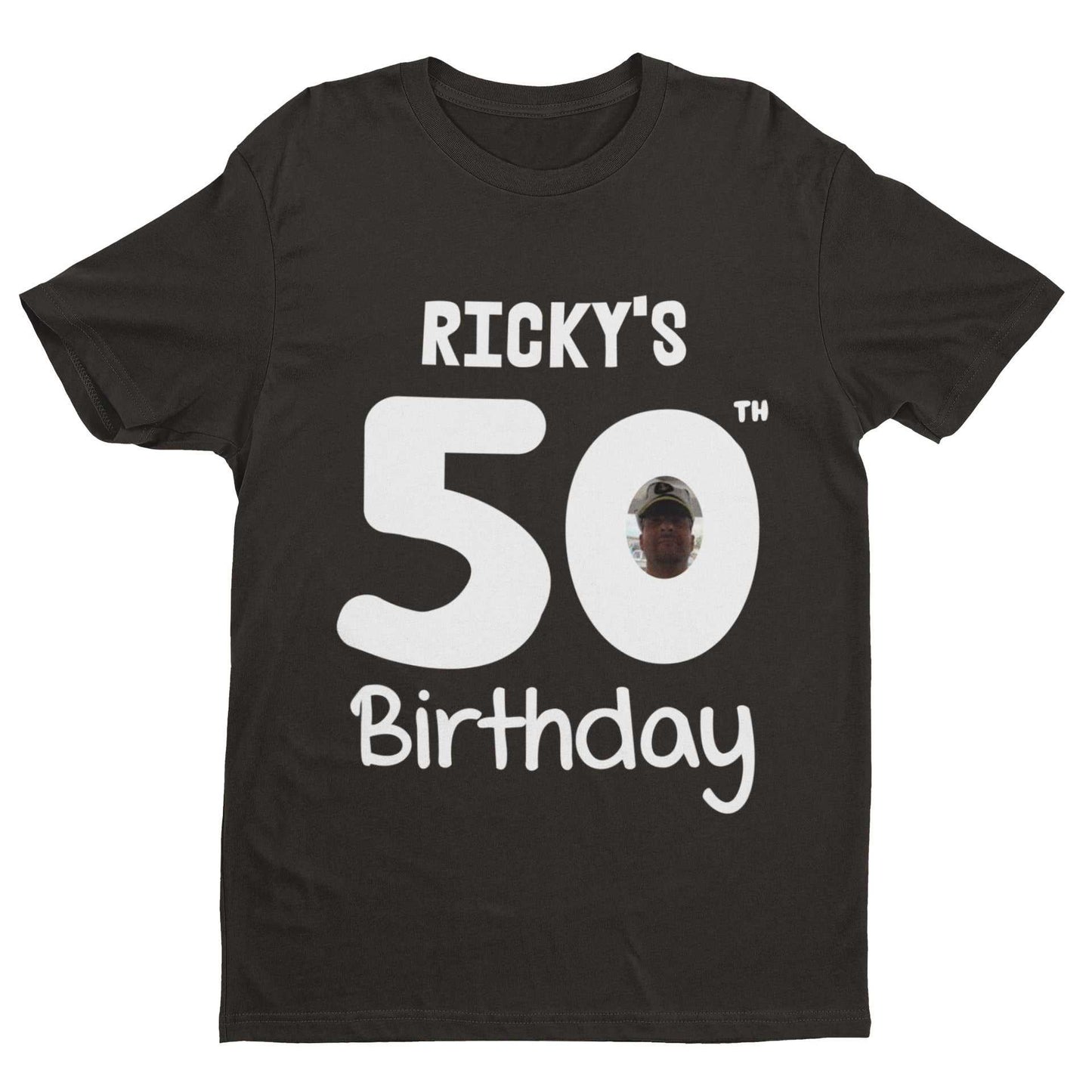 Personalised 50th birthday t-shirt featuring custom name and photo design.